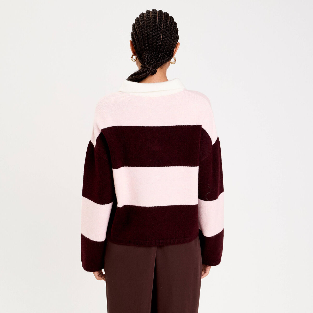 Polo manches longues col chemise bordeaux femme