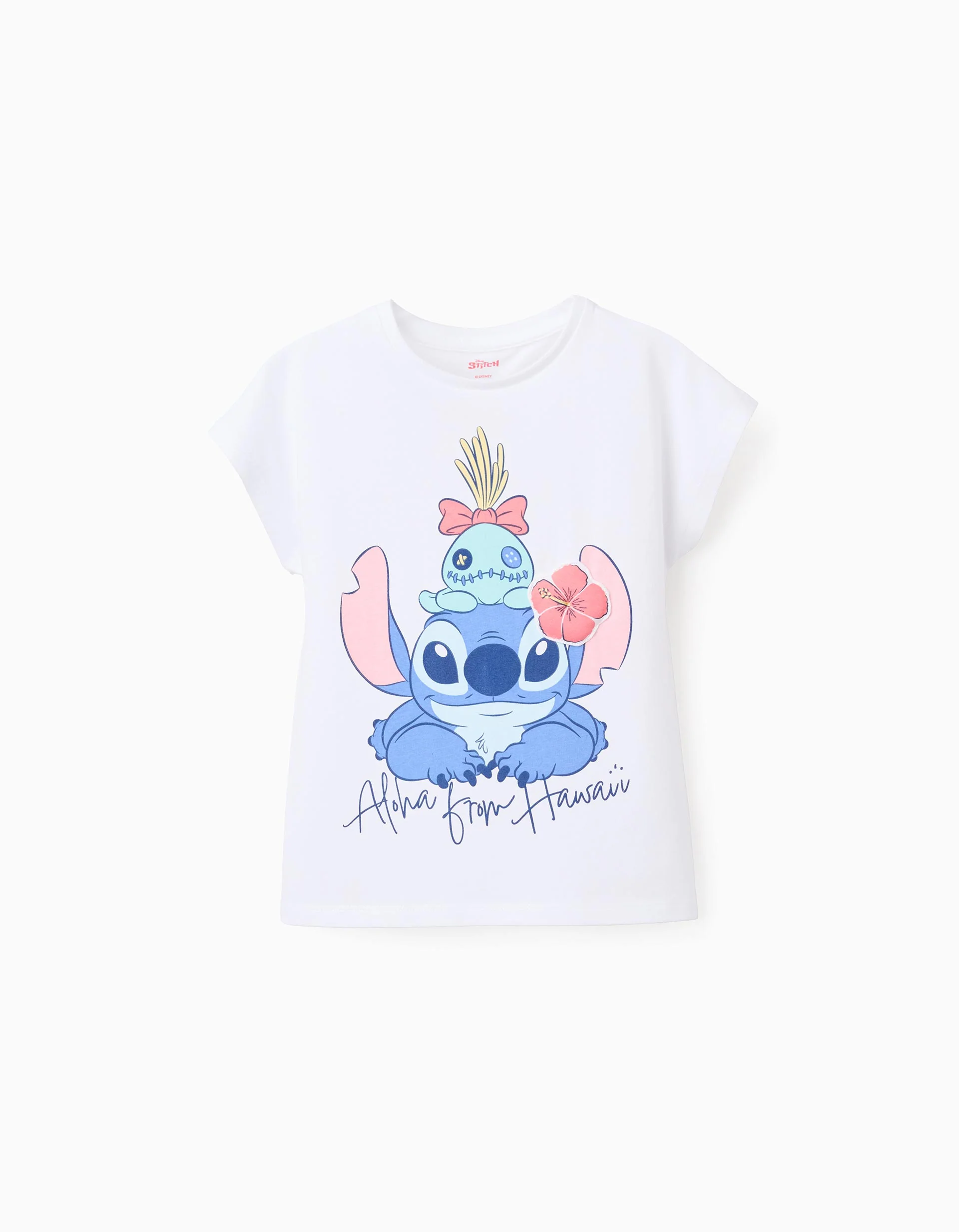 Cotton T-shirt with Stitch and Scrump print for girls, white