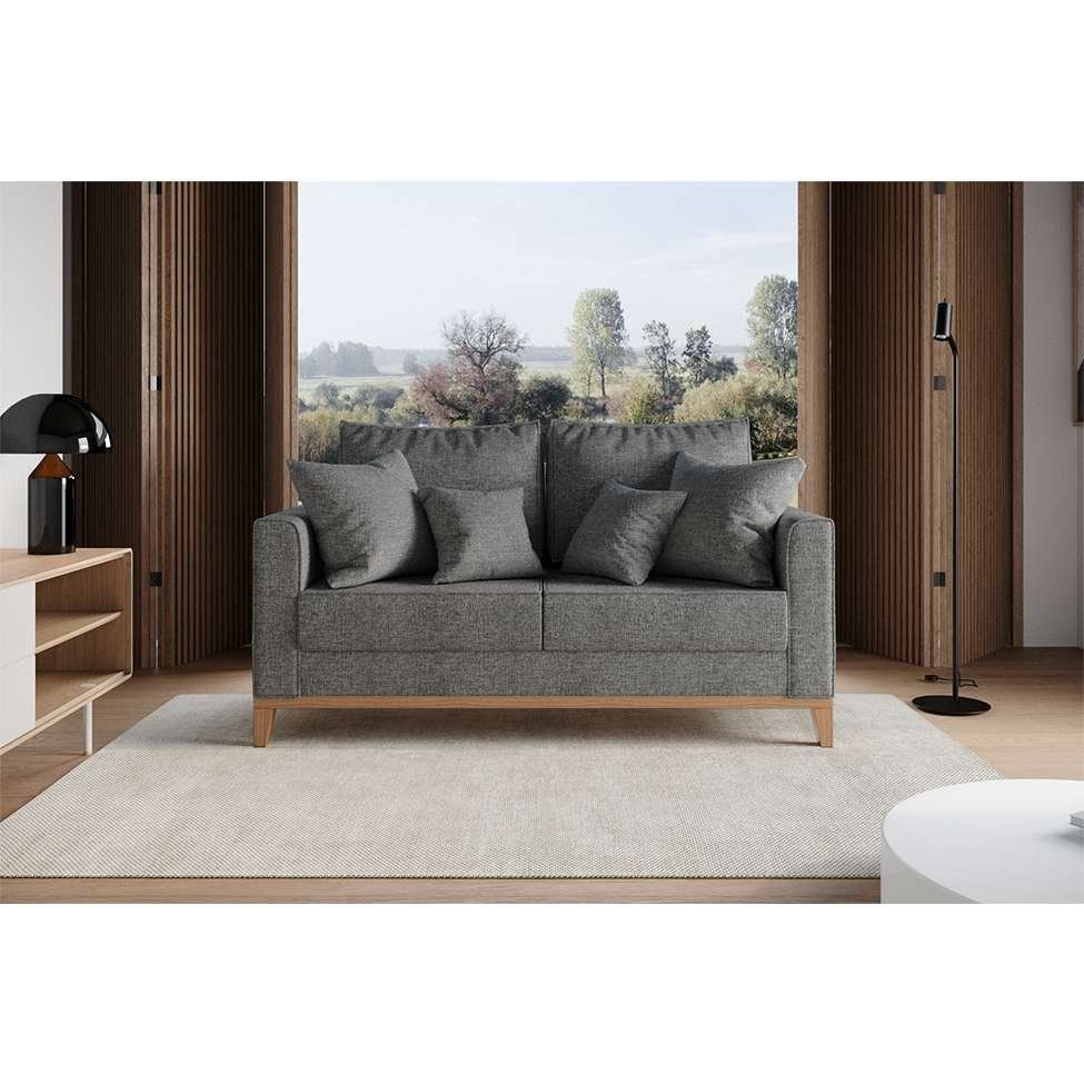 Sofá 2 Lugares Beny Base de Madeira Linho Cinza