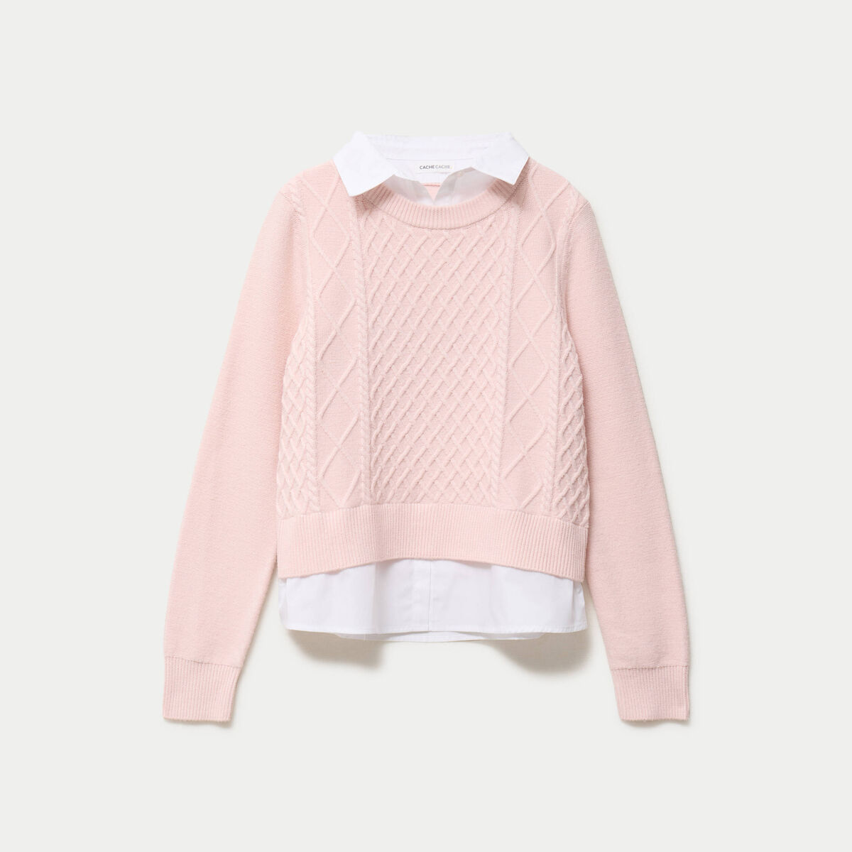 Pull 2-en-1 col chemise manches longues rose clair femme