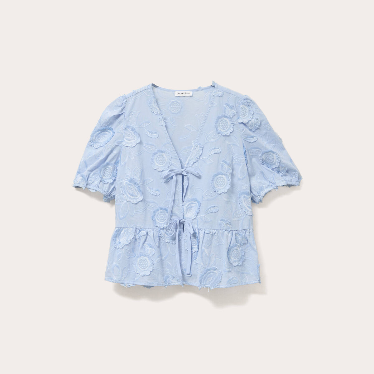 Blouse manches courtes noeuds bleu ciel femme