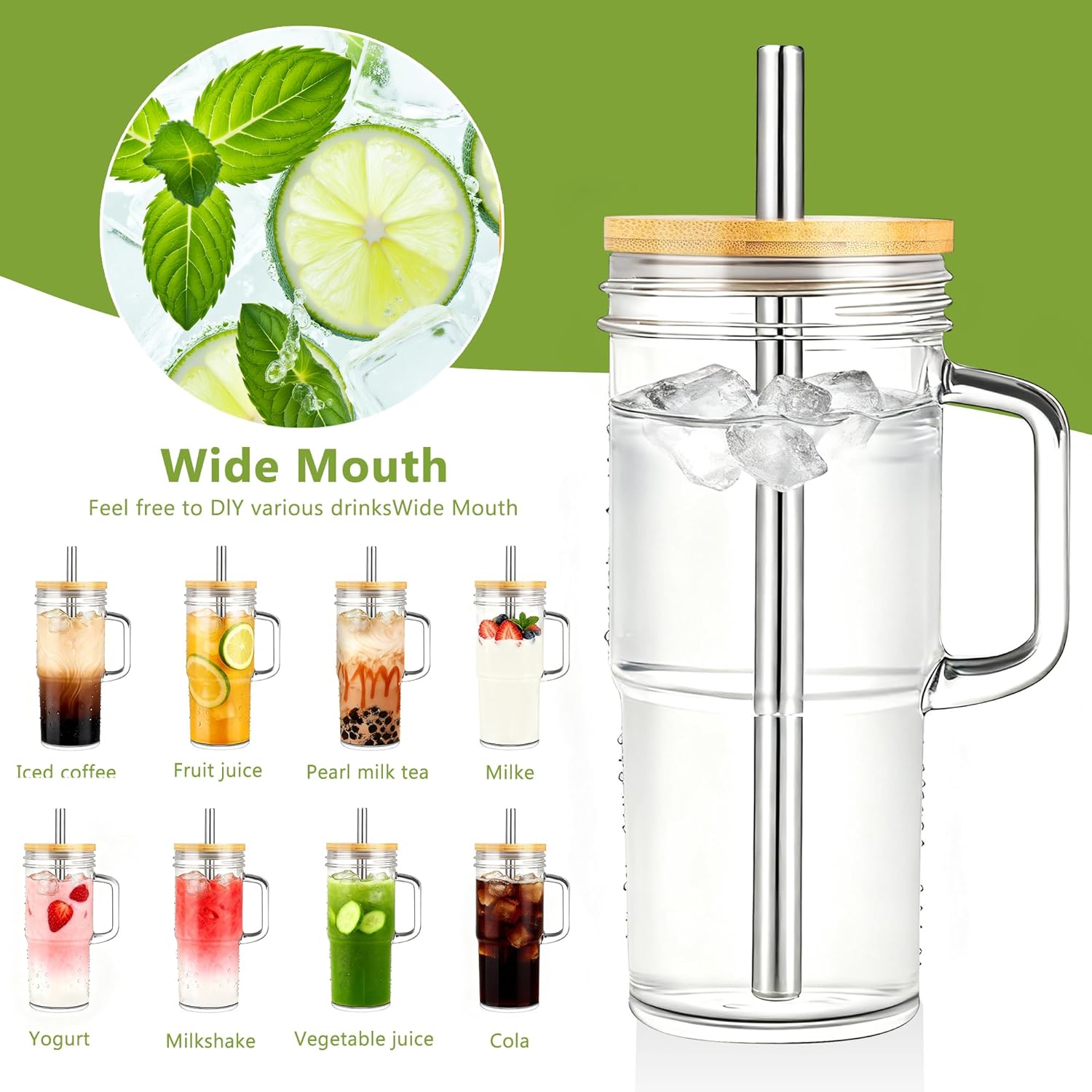 24oz Glass Cups with Lids and Straws Glass Tumbler with Handle 2 setReusable Glass Ice Coffee Cups with Lid and Straw for Smoothies Tea Juice Boba Cup for Cold & Hot Drinks Travel Cup