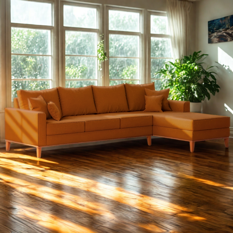 Sofá 4 Lugares Beny com Chaise Direito Corino Terracota