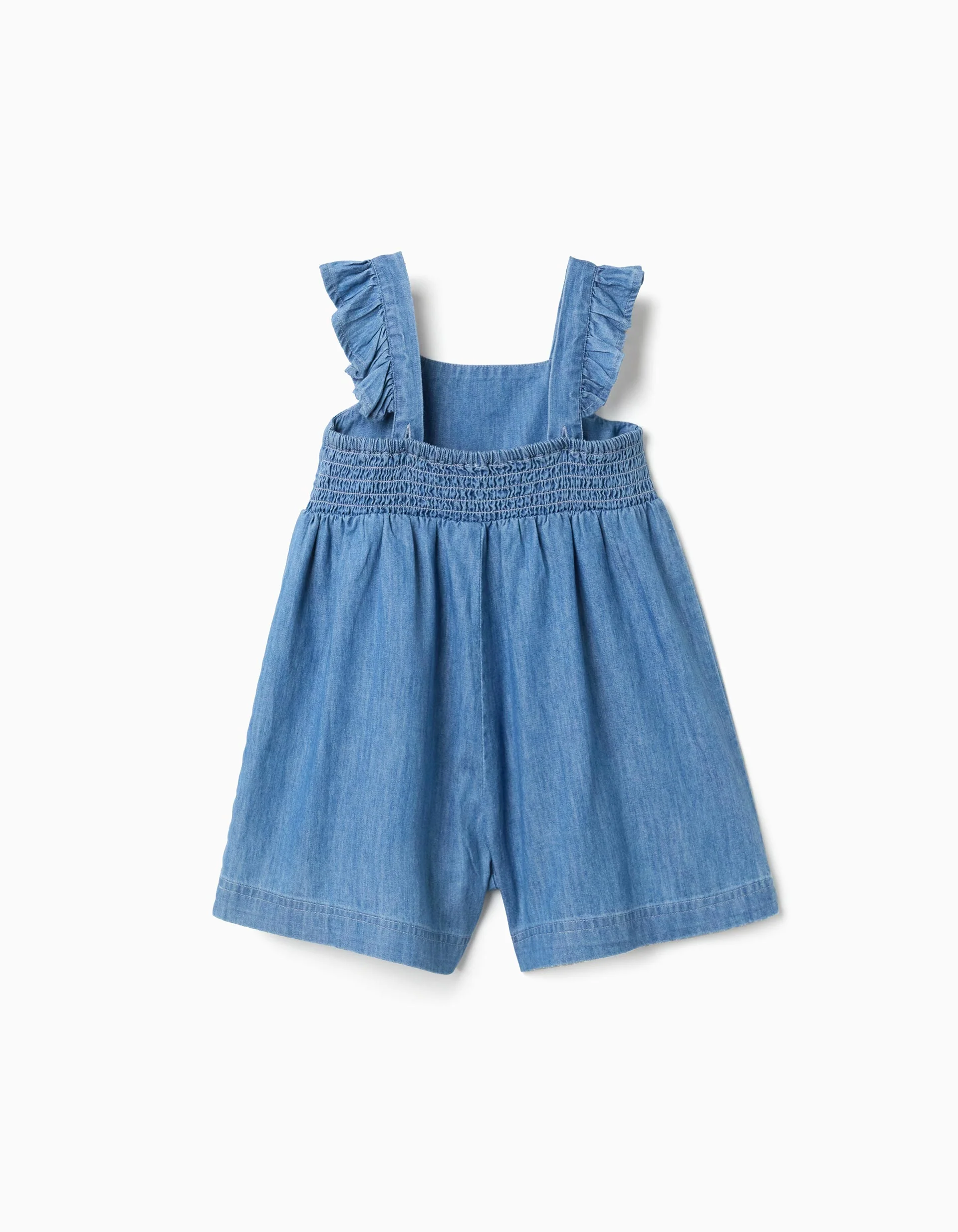Wide leg denim playsuit with ruffled straps for baby girls, blue