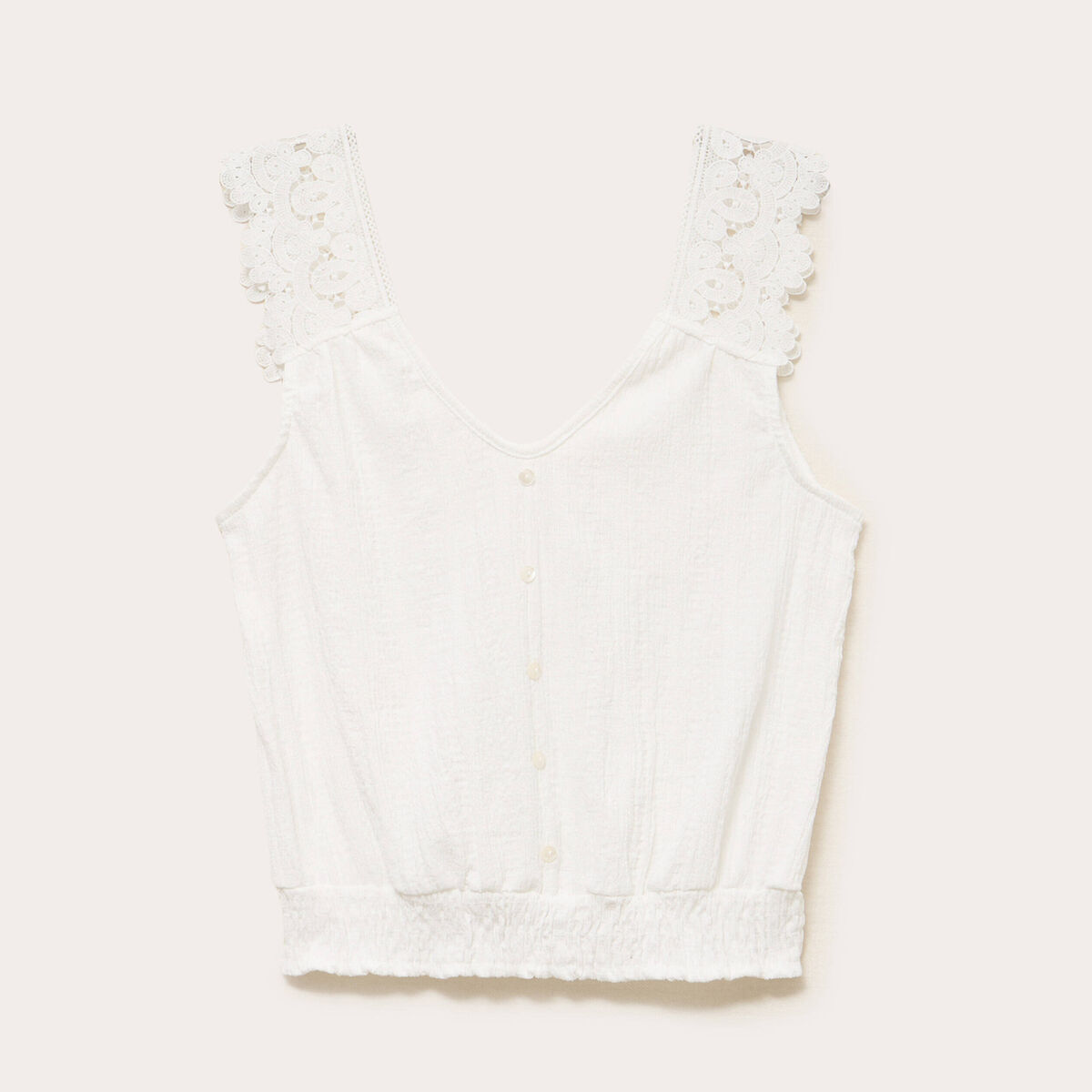 Top droit court sans manches en dentelle ecru femme