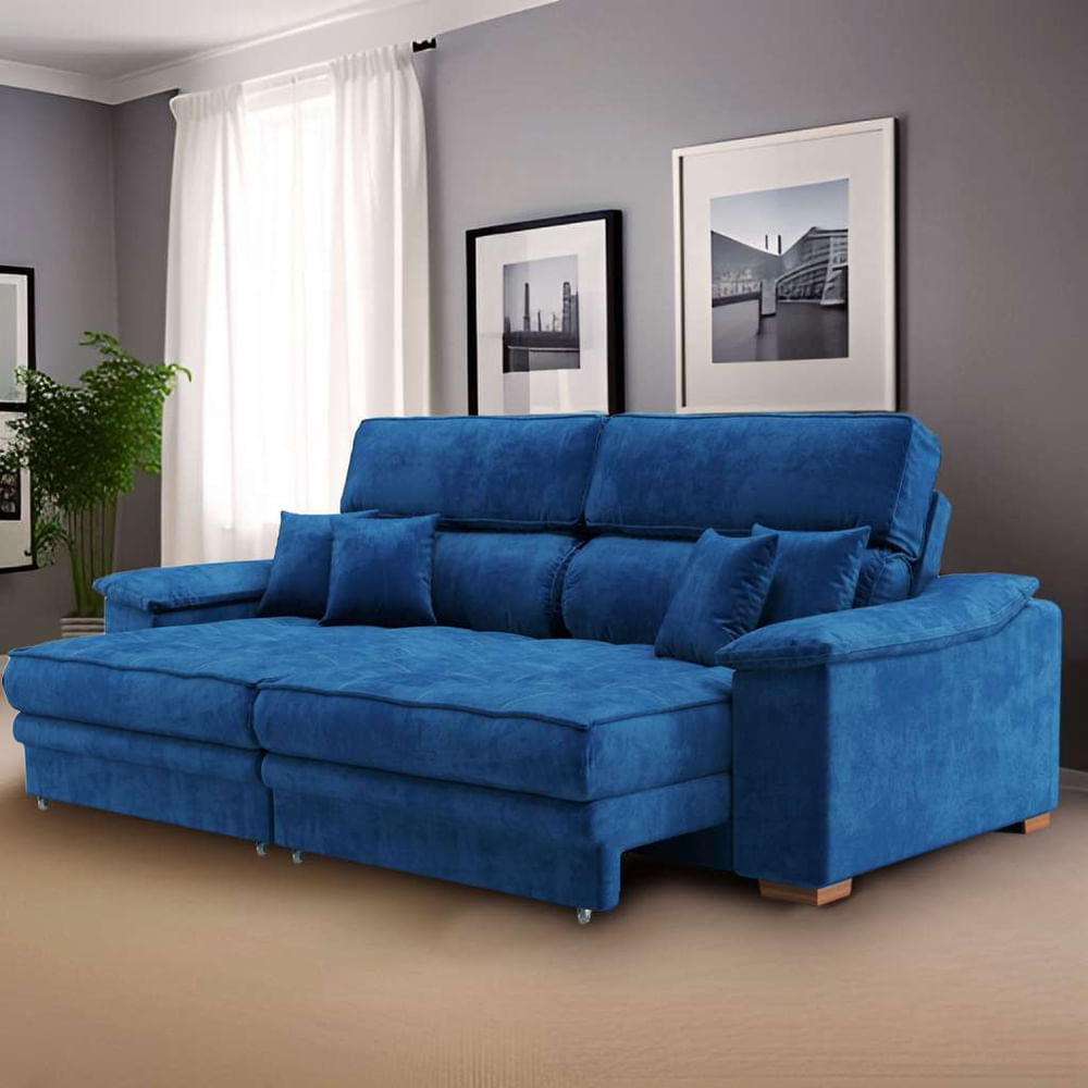 Sofá 3 Lugares Retrátil e Reclinável Pascal Veludo Azul Marinho em Promoção | Ofertas na Americanas