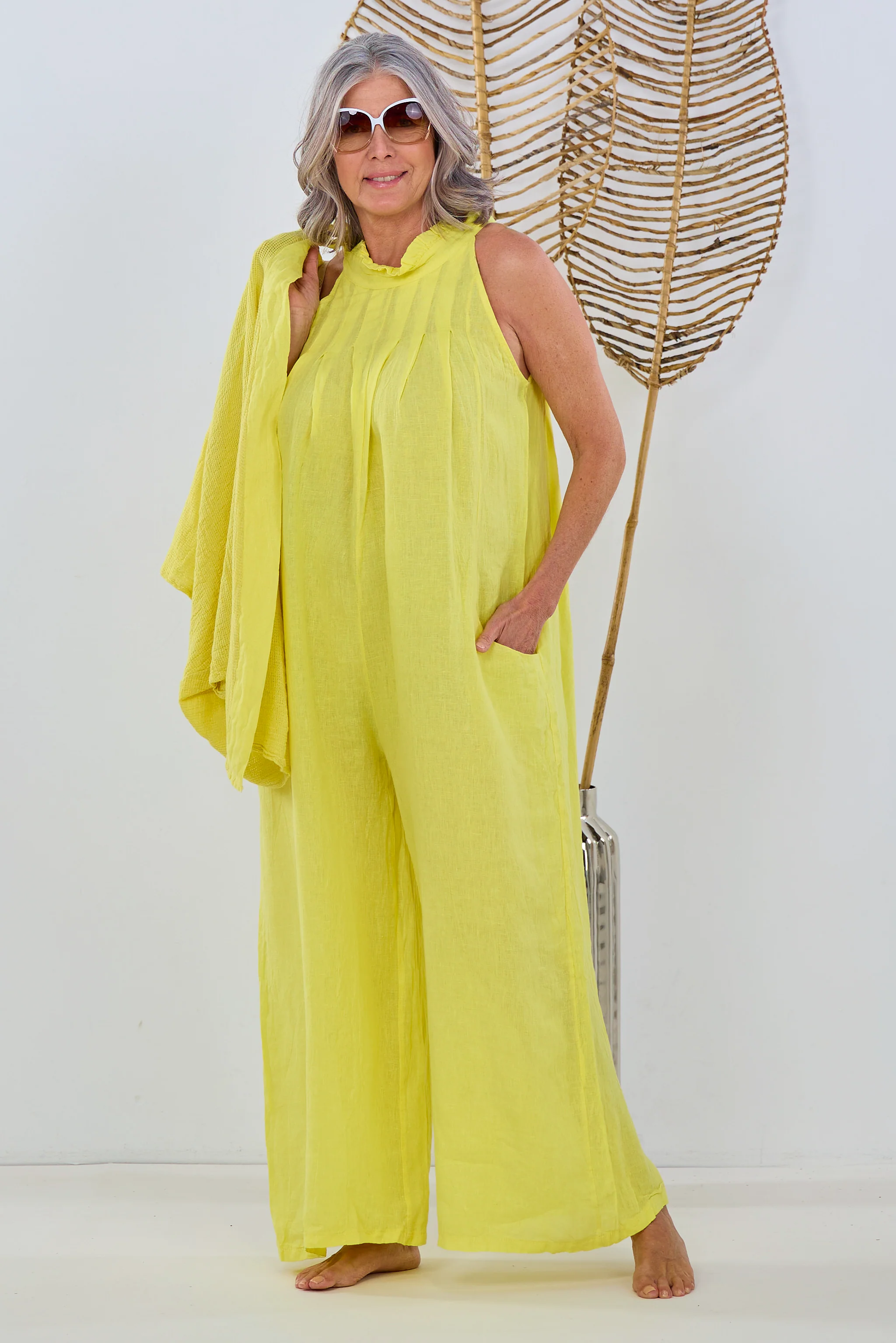 Leinen Overall mit Schleife, gelb