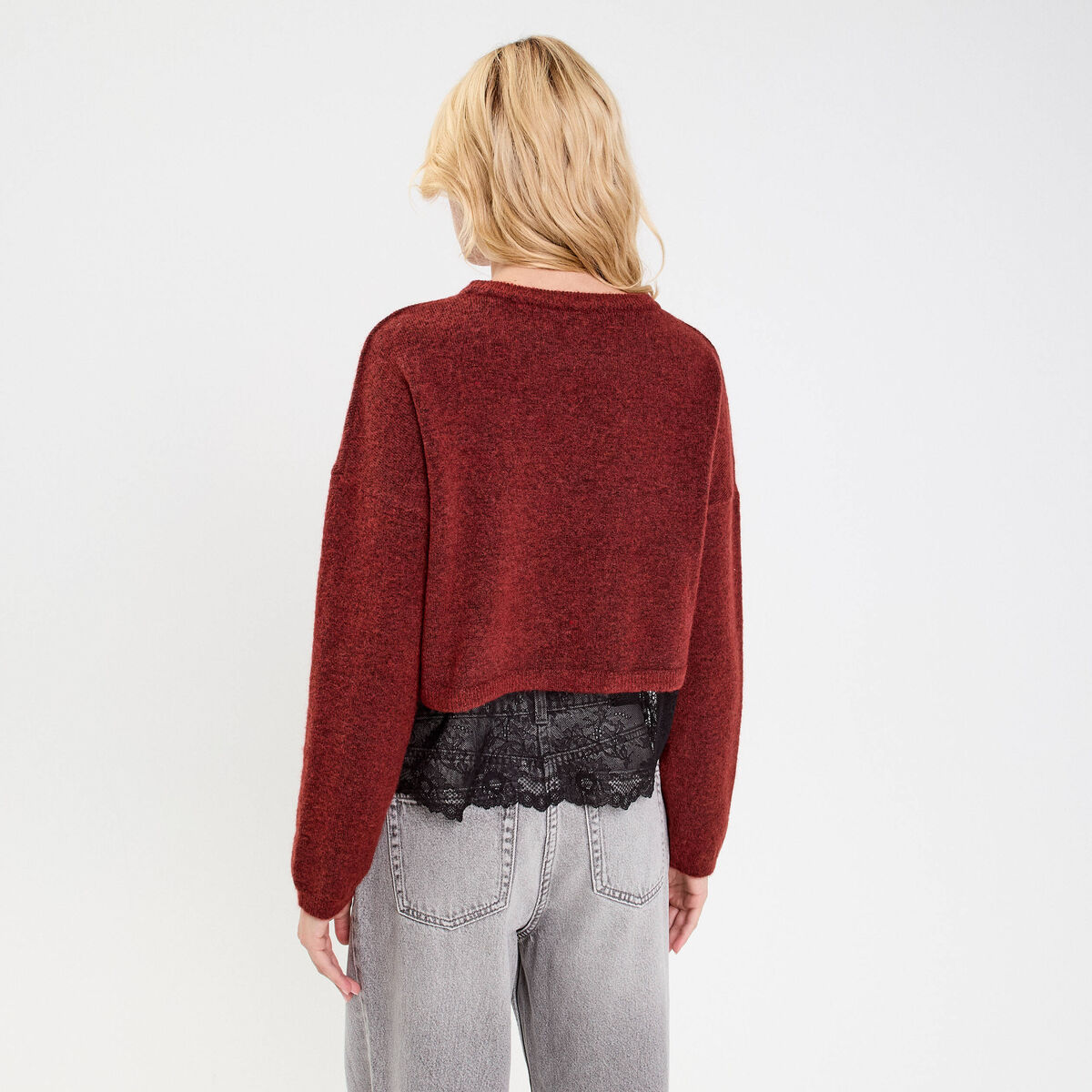 Pull détail dentelle orange foncé femme