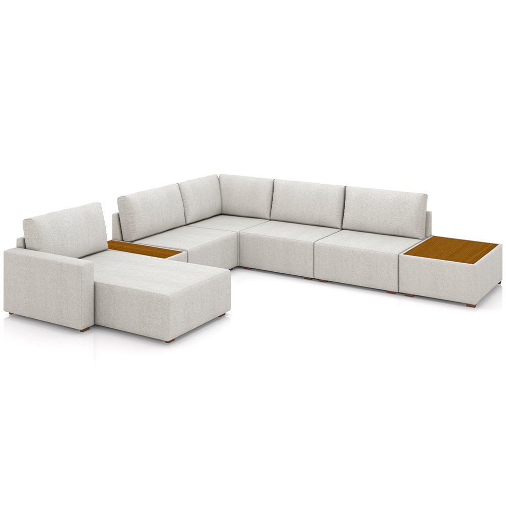 Sofá de Canto com Chaise e Mesa Lateral Sala de Estar Living 291cm Gales M03 Bouclê Cru - Lyam Decor