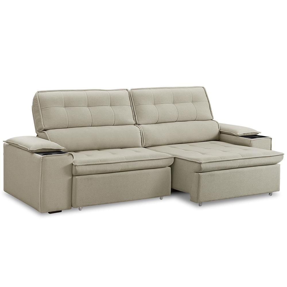Sofá Retrátil Reclinável 3 Lugares Sala de Estar 235cm Bilac F04 Linho Bege - Lyam Decor