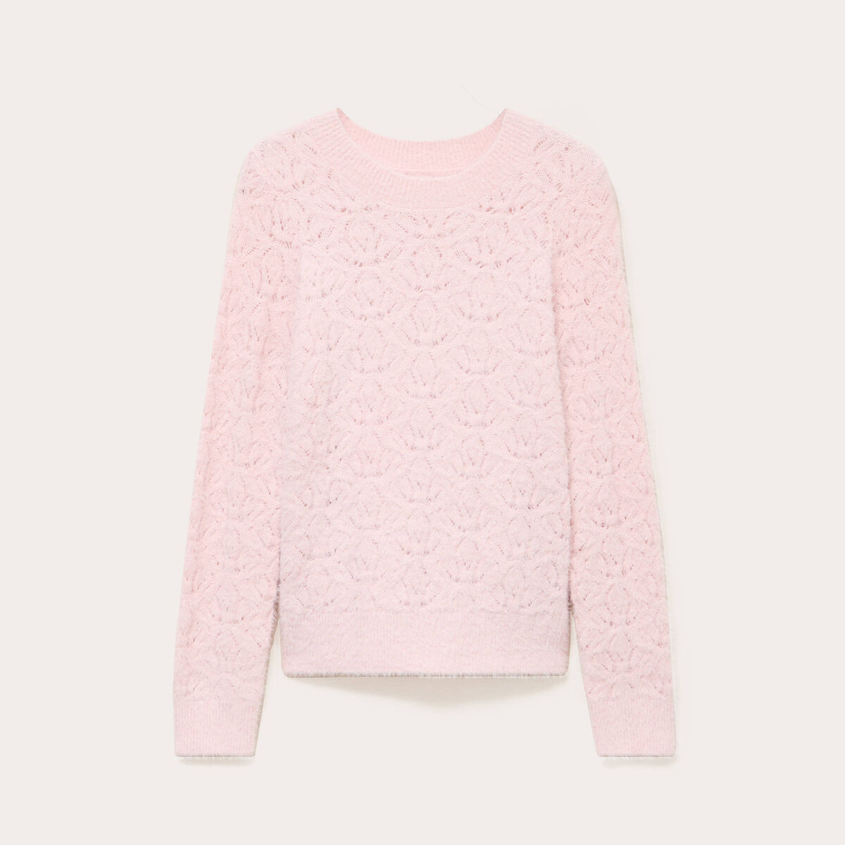 Pull ajouré col rond manches longues rose pastel femme