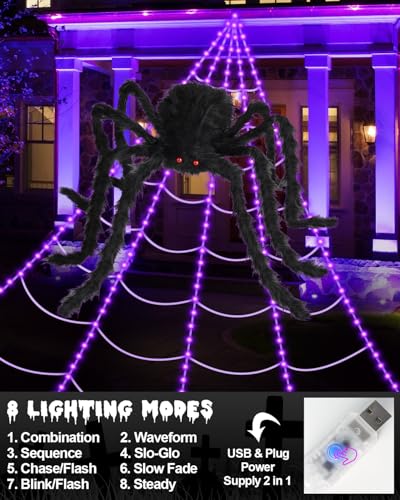 3D HD Dynamic Giant Spider Halloween Projector+Brighter Spider Webs Lights Set,250 Purple LED Light Up,8 Modes 16.4Ft Giant Spiderweb with Remote Control,with 48'' Giant Spider