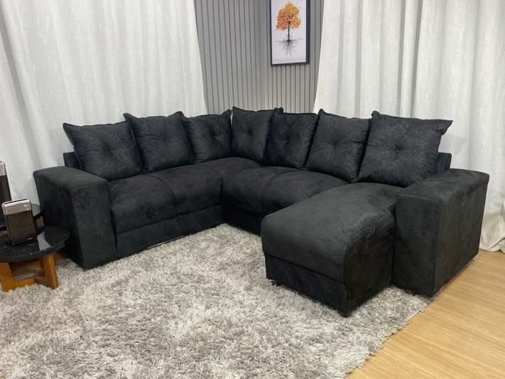 Sofá de Canto C/ Chaise - com 06 Lugares:preto
