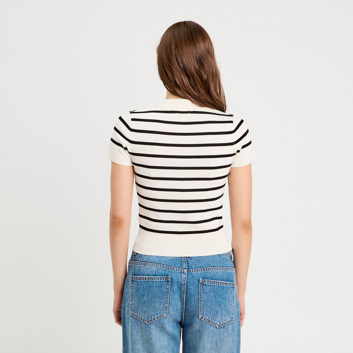Pull manches courtes col polo blanc femme