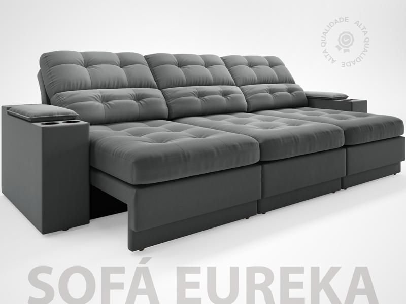 Sofá com Porta Copos e Carregador Usb Eureka 2,30m Assento Retrátil e Reclinável Velosuede
