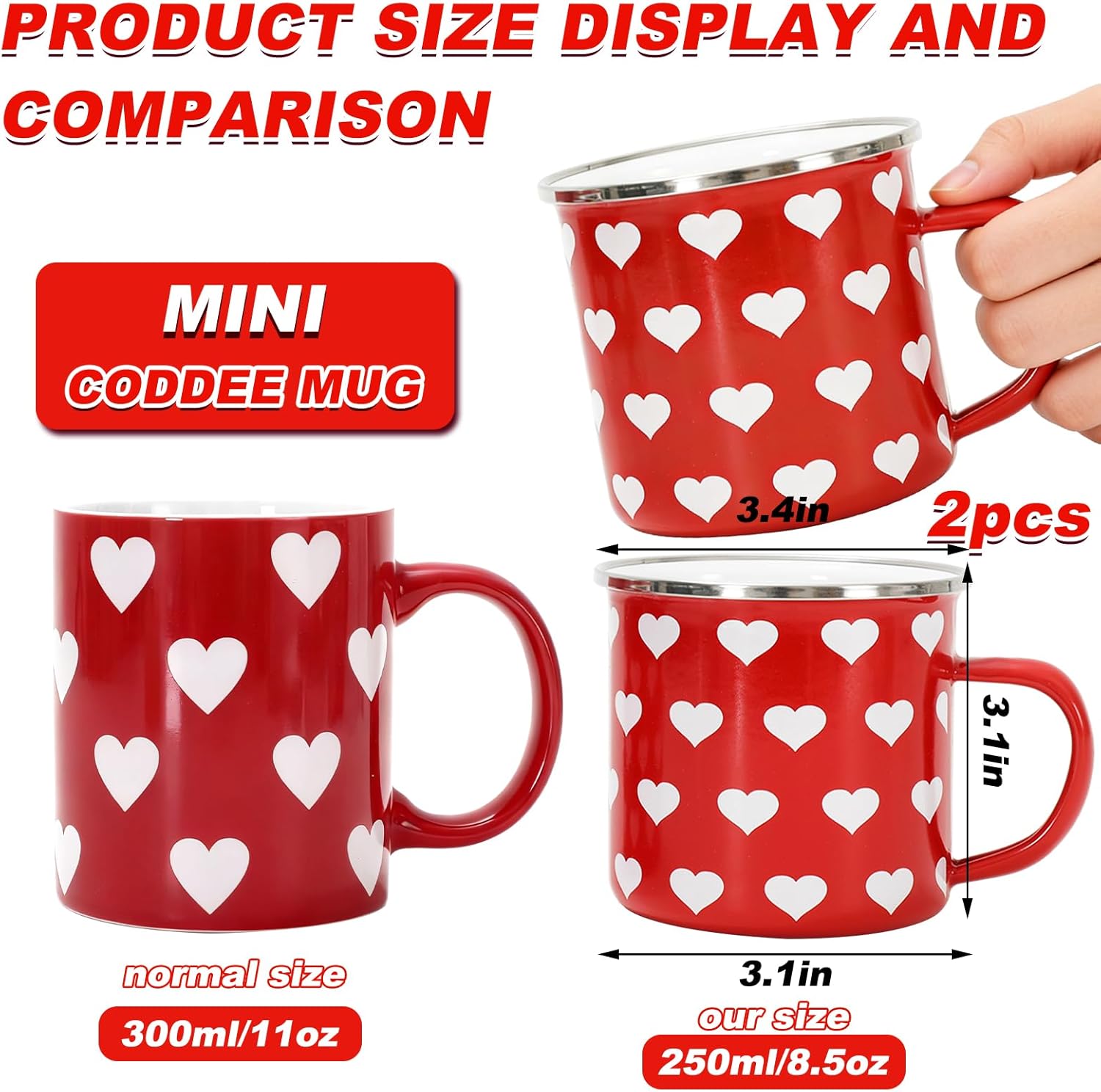 2Pcs Valentine's Day Enamel Mug Set Coffee Mug Red White Love Heart Drinking Cup for Wedding Birthday Valentine's Day Supplies Table Centerpieces  12oz
