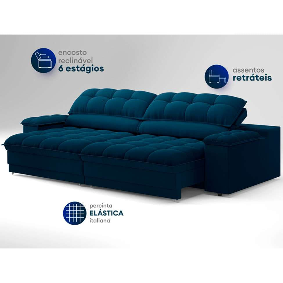 Sofá 3 Lugares Retrátil e Reclinável Helen com USB e Porta-Copos Veludo Azul Marinho 210 cm em Promoção | Ofertas na Americanas