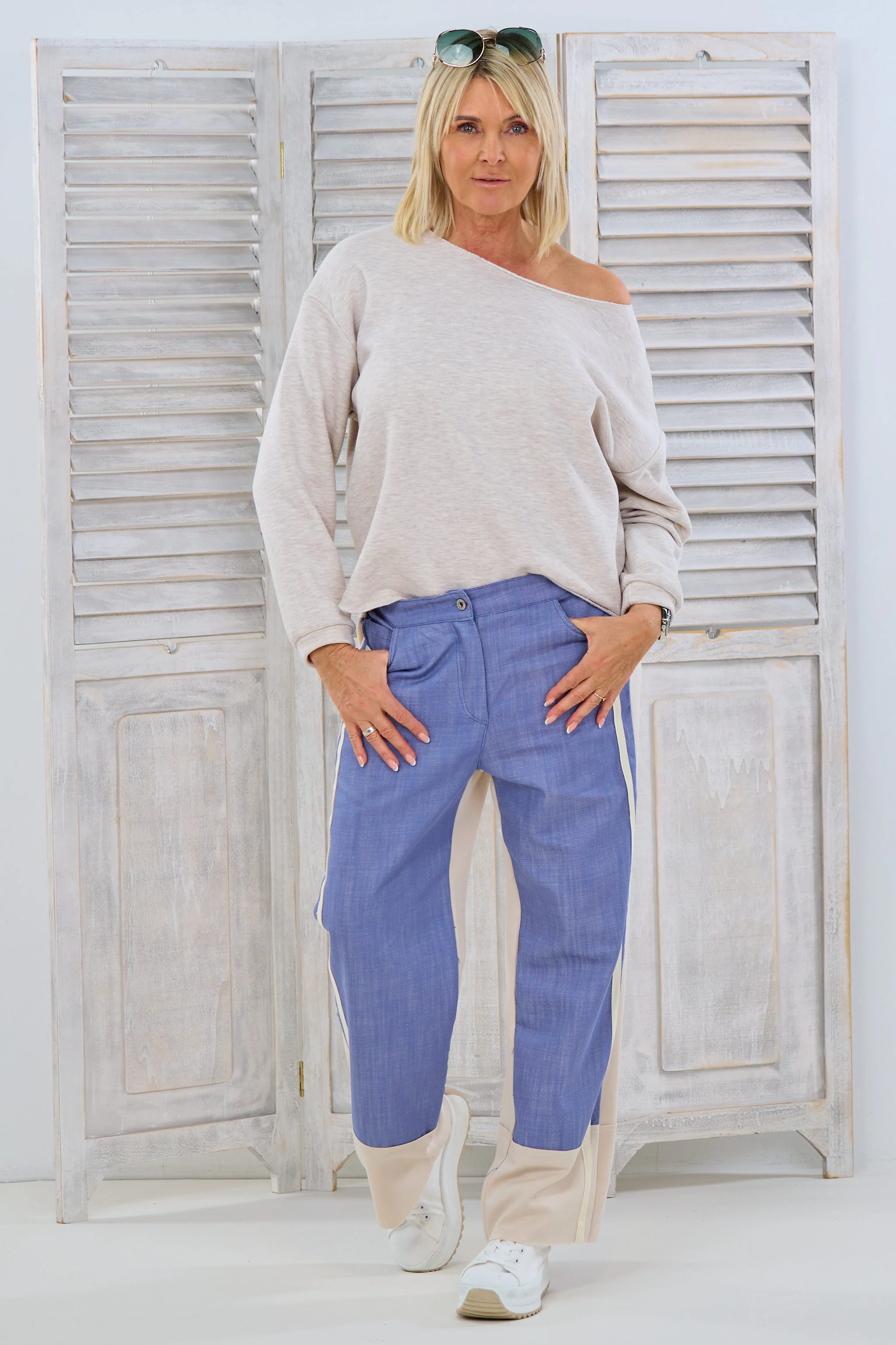 Materialmix-Jeans, denim-beige