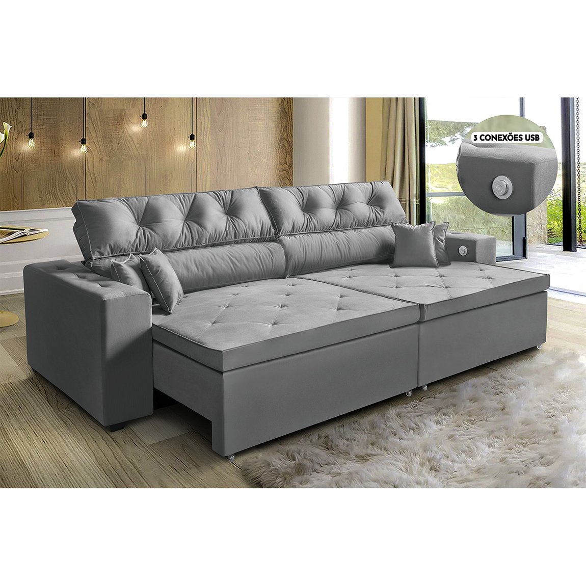 Sofá 5 Lugares Smart Retrátil, Reclinável 3,02 Metros com Carregador 3 Portas USB e 2 Puffs Cinza