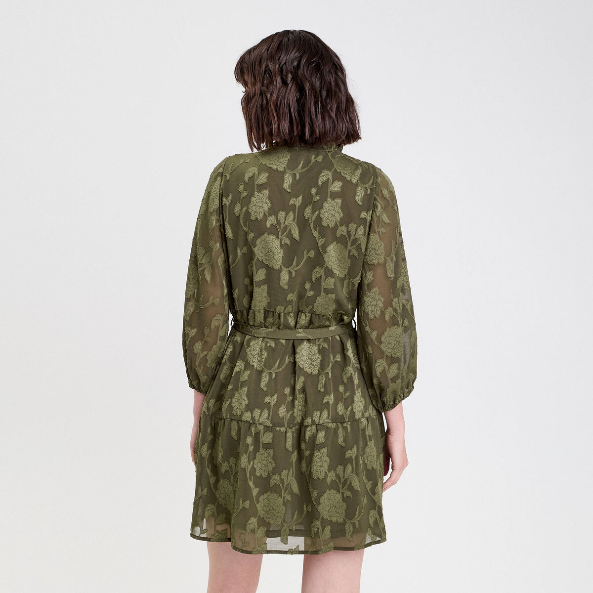 Robe chemise évasée ceinturée vert kaki femme