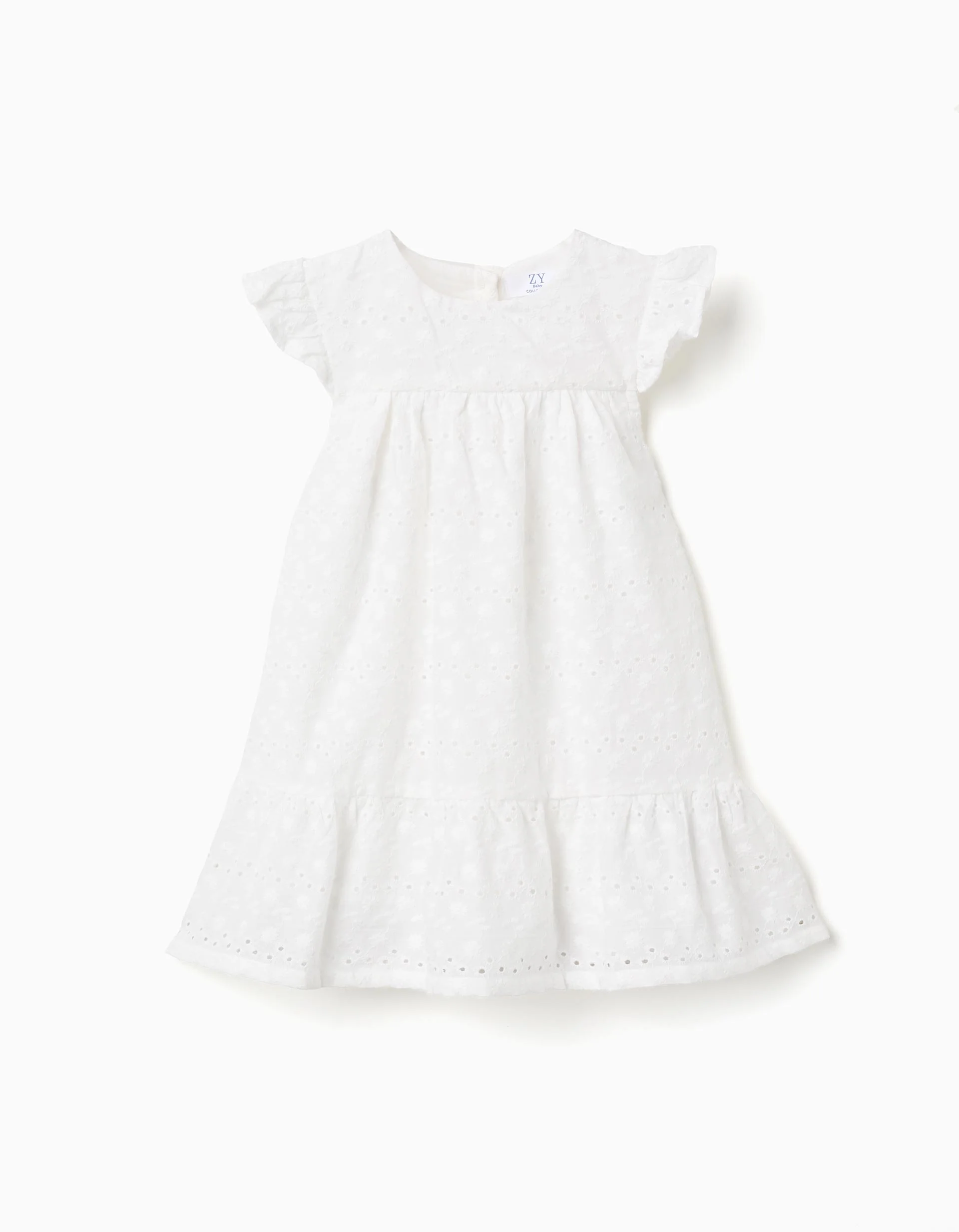 Cotton dress with broderie anglaise and ruffles for baby girls, white