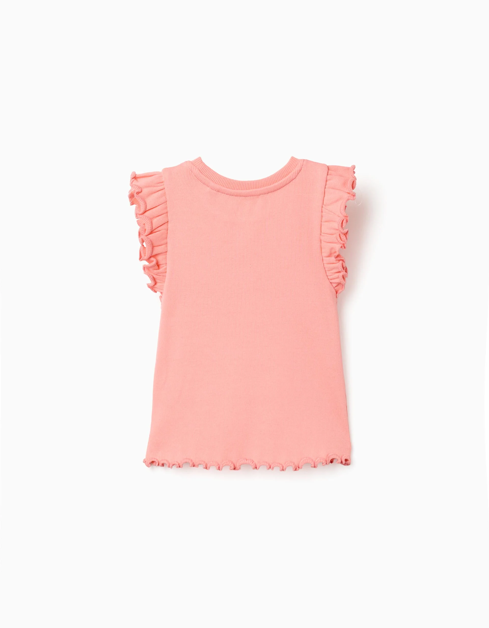 Ribbed cotton T-shirt with ruffles and flowers for girls, salmon orange
