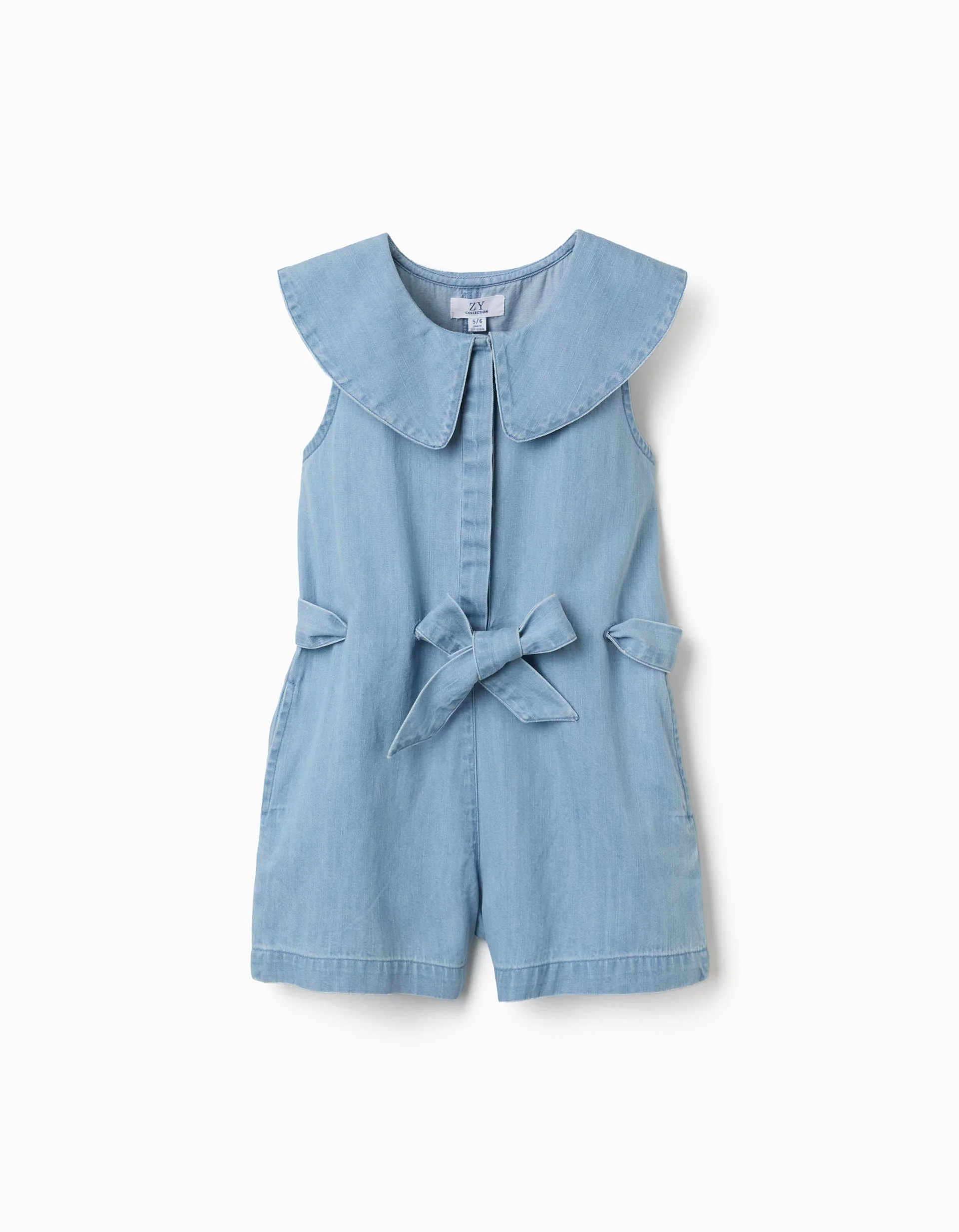 Denim sleeveless short jumpsuit with belt for girls, light blue