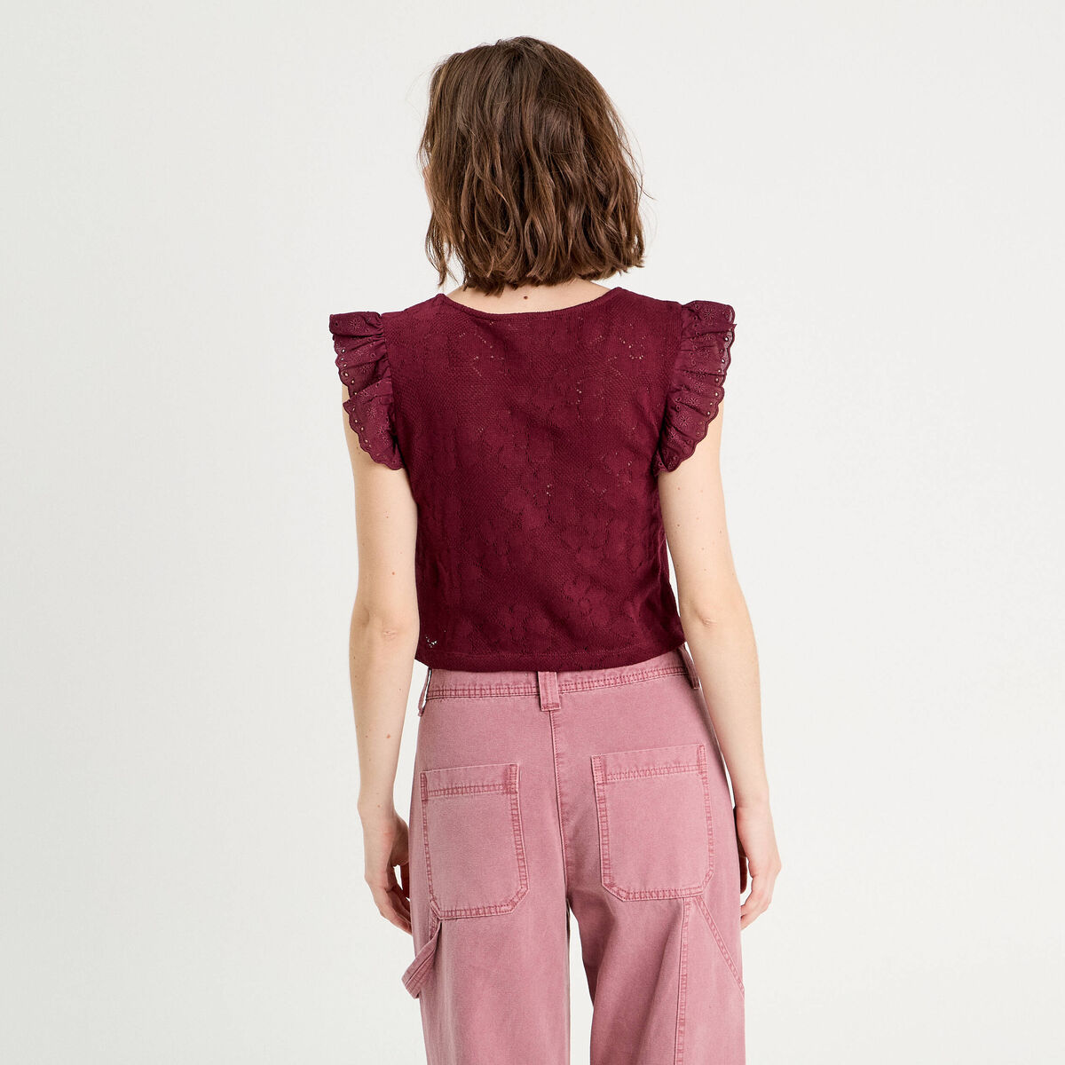 T-shirt manches volants prune femme