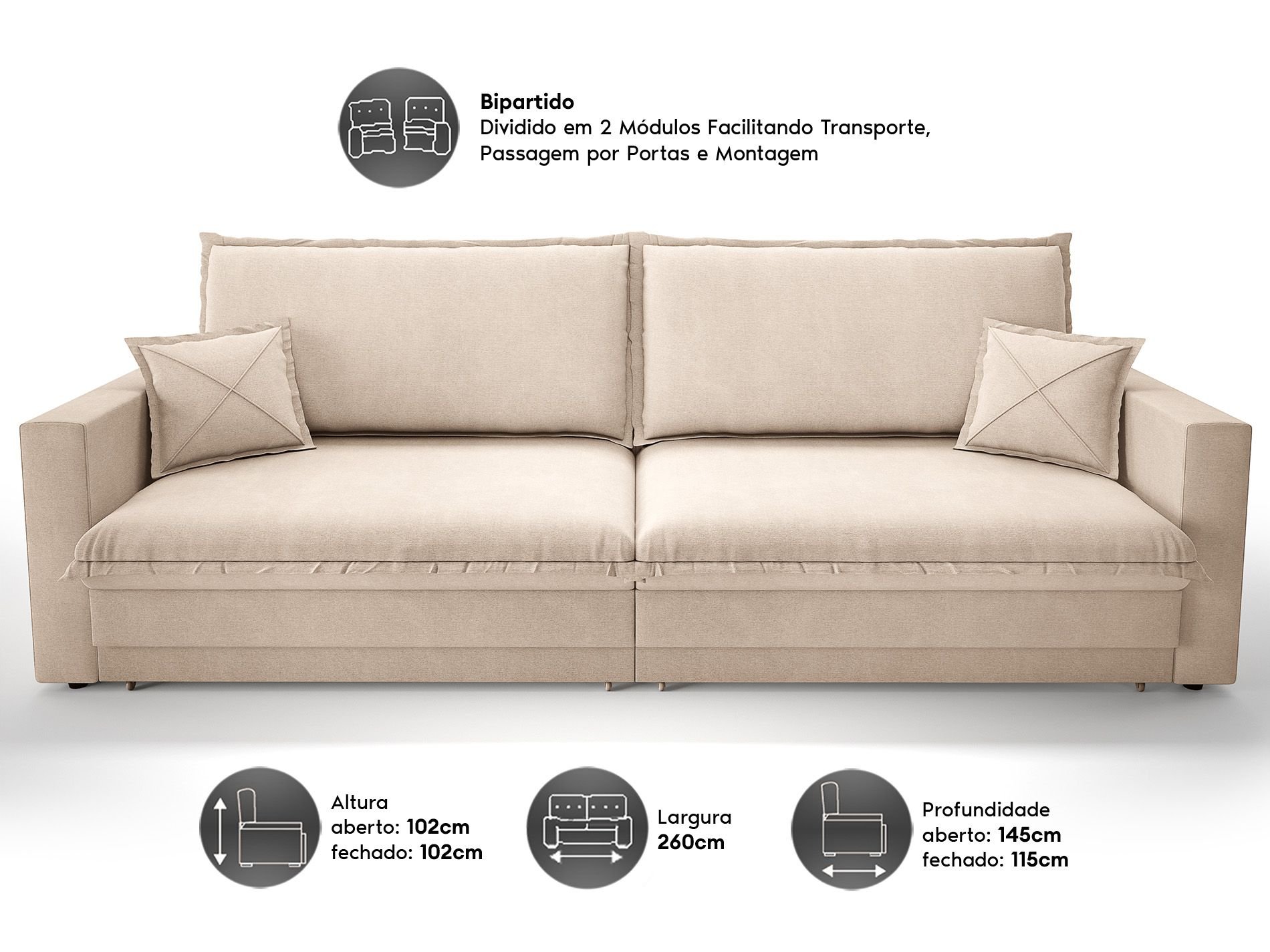 Sofá Tango 2,60m sem Caixa, Retrátil e Reclinável Linho Soft Bege - Netsofas