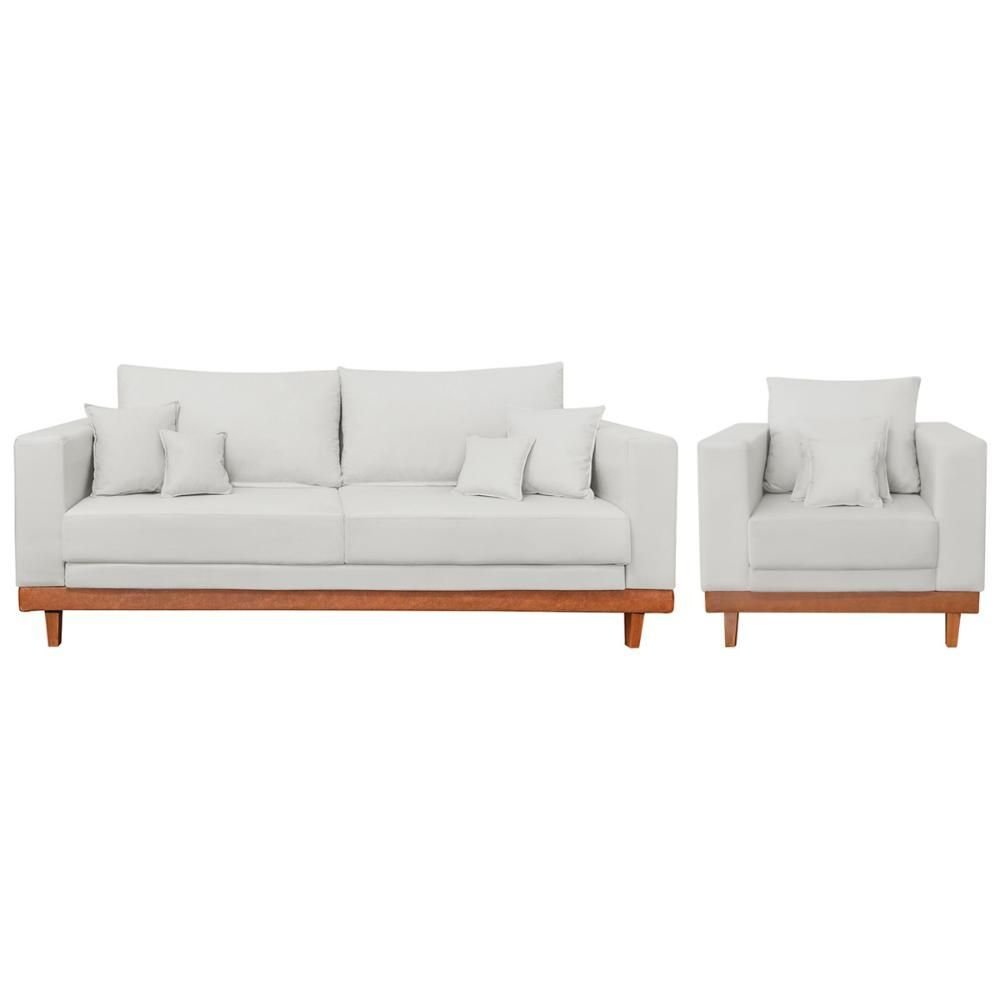 Kit Poltrona Living + Sofá 3 Lugares com Base Madeira Linho Cor:bege