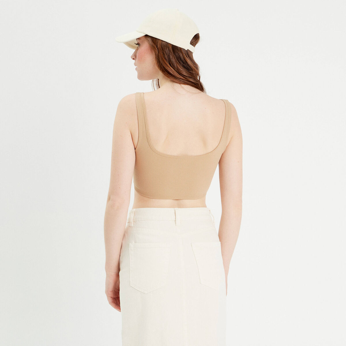 Débardeur cropped côtelé beige femme