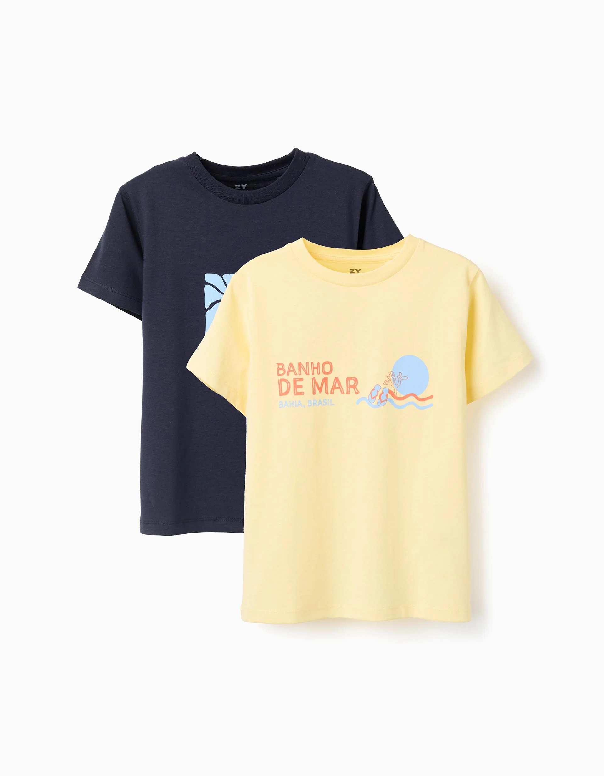Pack of 2 cotton T-shirts with beach prints for boys, dark blue/yellow