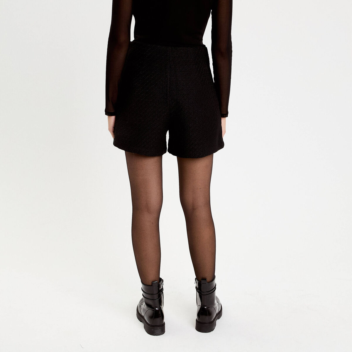 Short tweed taille haute noir femme