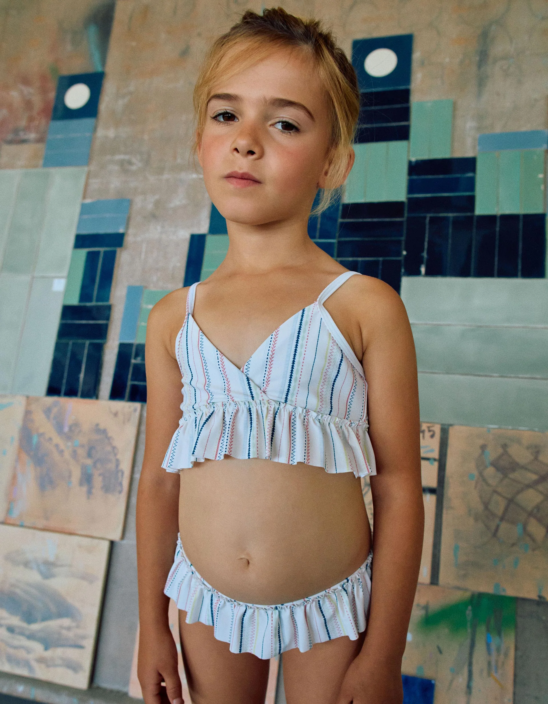Bikini with ethnic stripes and ruffles B&S for girls, multicolour