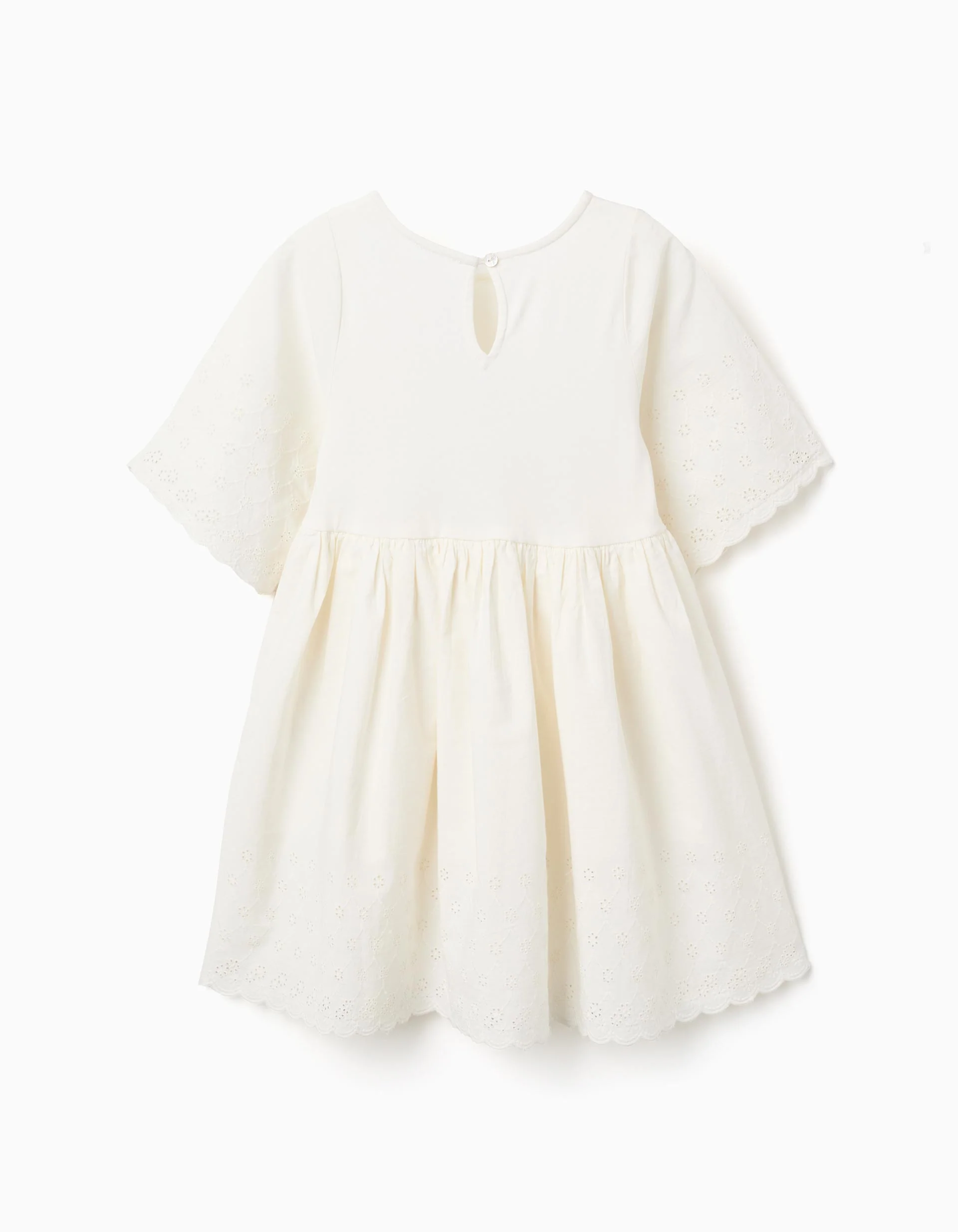 Short sleeve cotton dress with broderie anglaise for girls, light beige