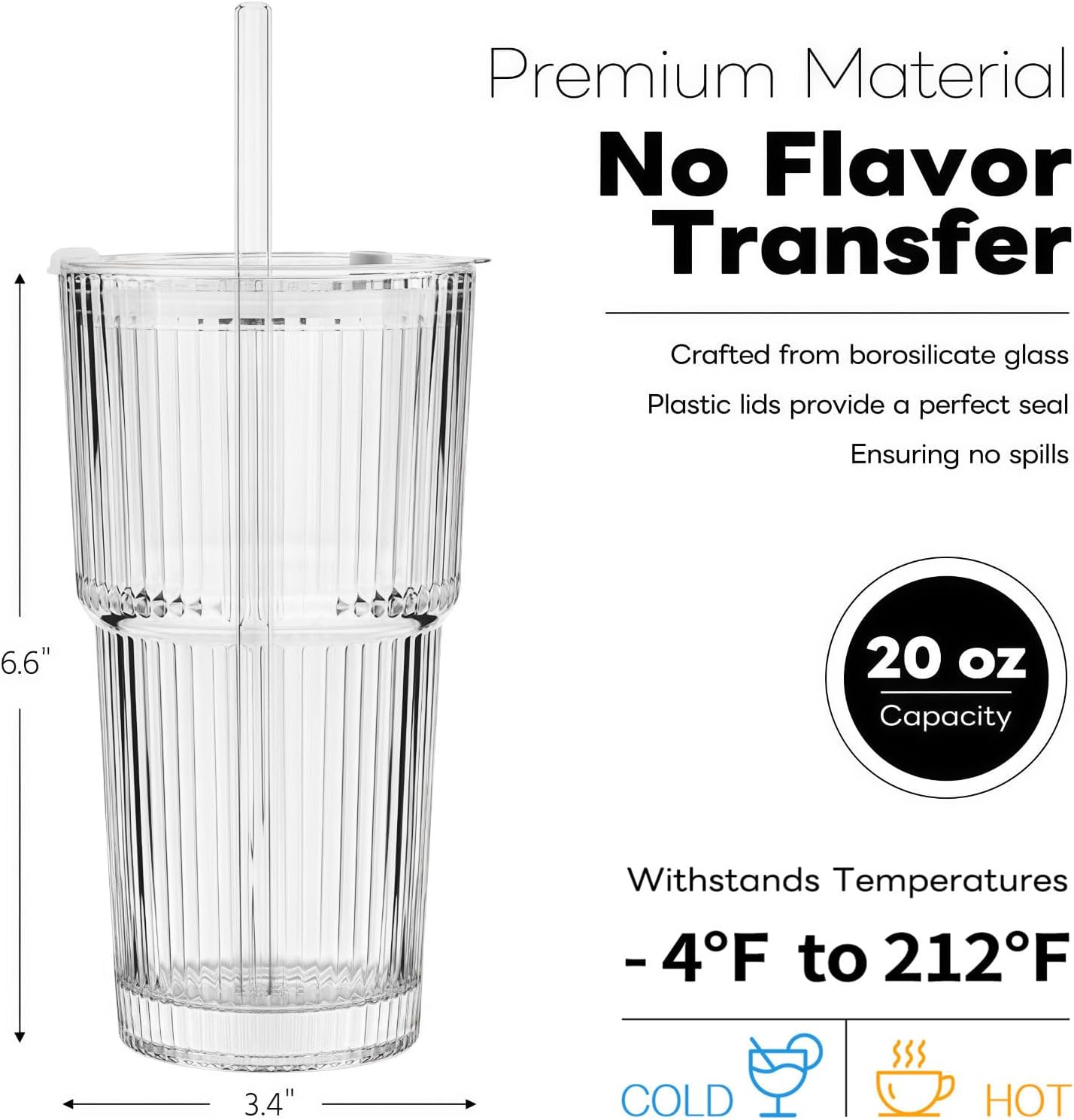 20 Oz Glass Tumblers with Lids and Straws - 4 Pack Ribbed Glass Iced Coffee Cup with Straw and Lid  Thicken Glasses  Ideal for Smoothieds  Cocktails  and Juices