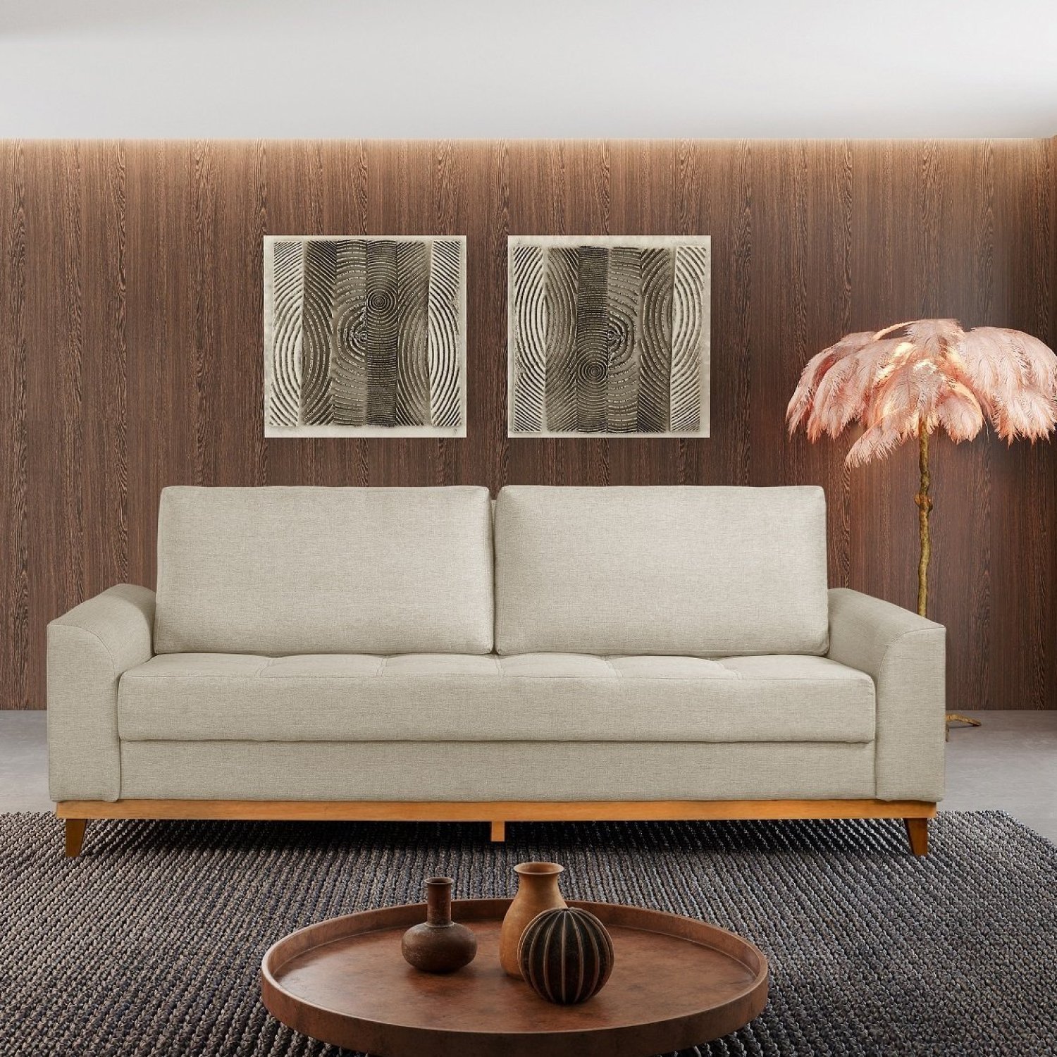 Sofá Cama 3 Lugares Retrátil 224cm Linho Palha Alegra