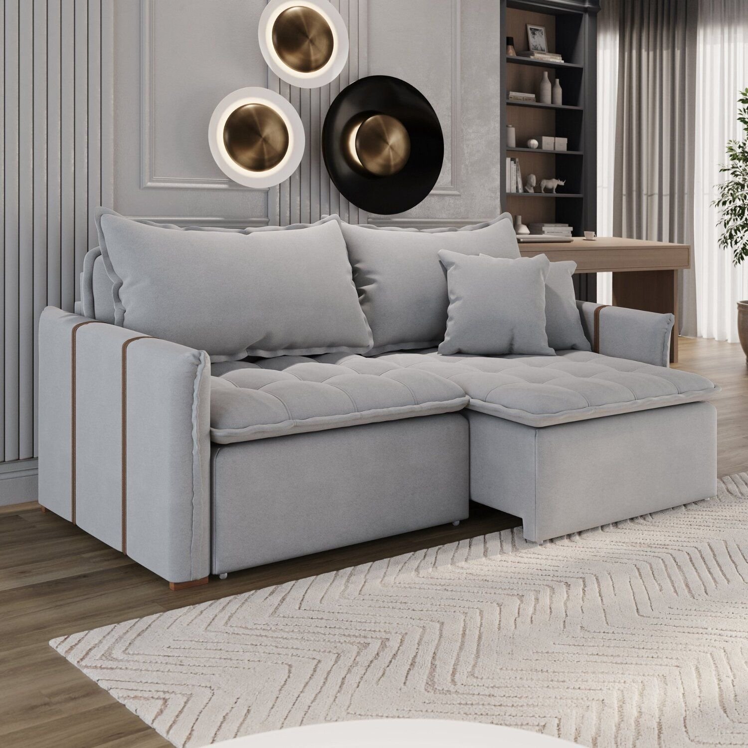 Sofá Cama Retrátil em Madeira Eucalipto e Linho 200cm Creta