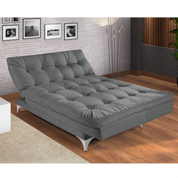 Sofá Cama 3 Lugares Reclinável Microfibra Cinza Versátil