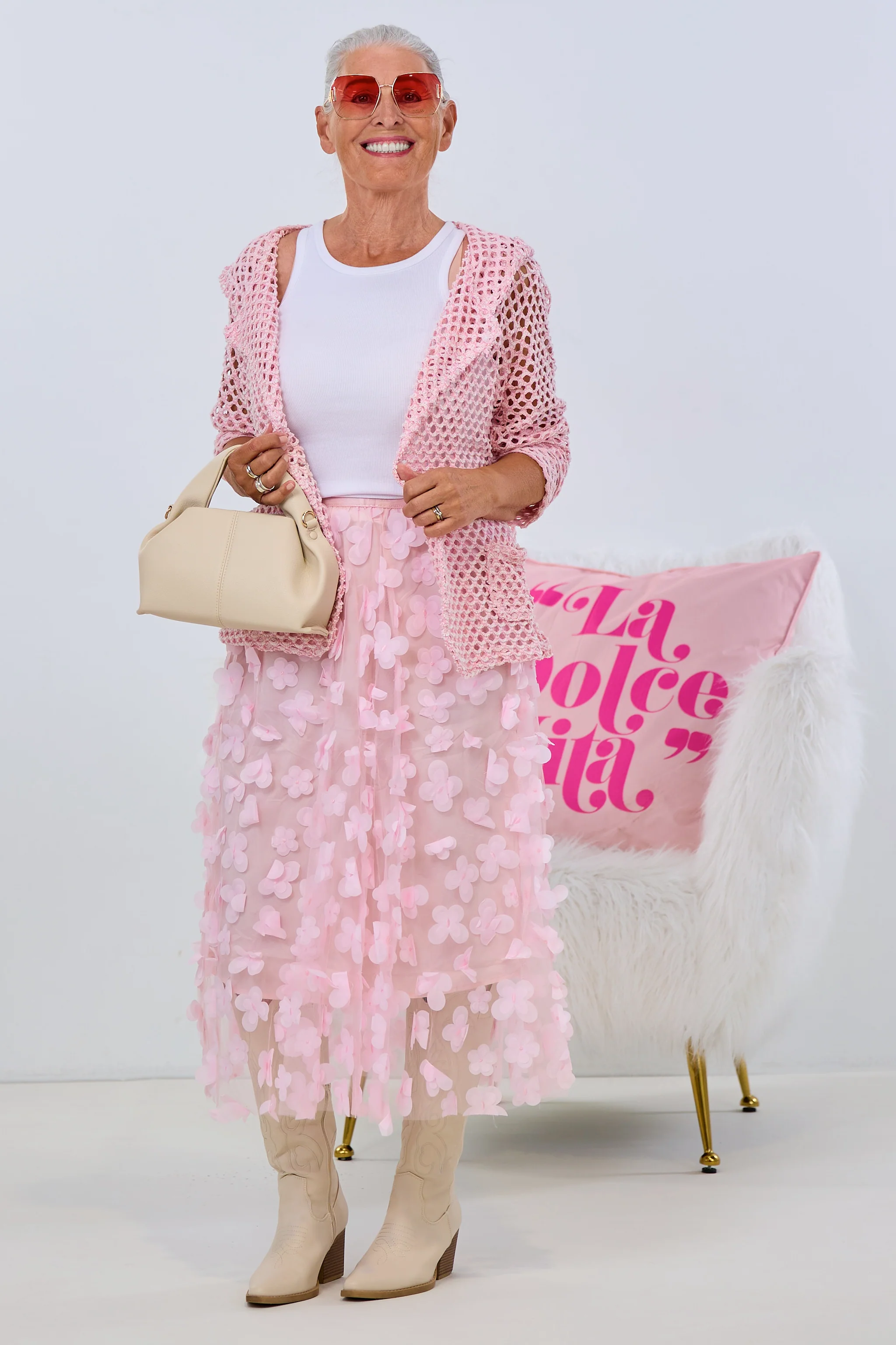 Lochstrick Kapuzenblazer, rosa-ecru