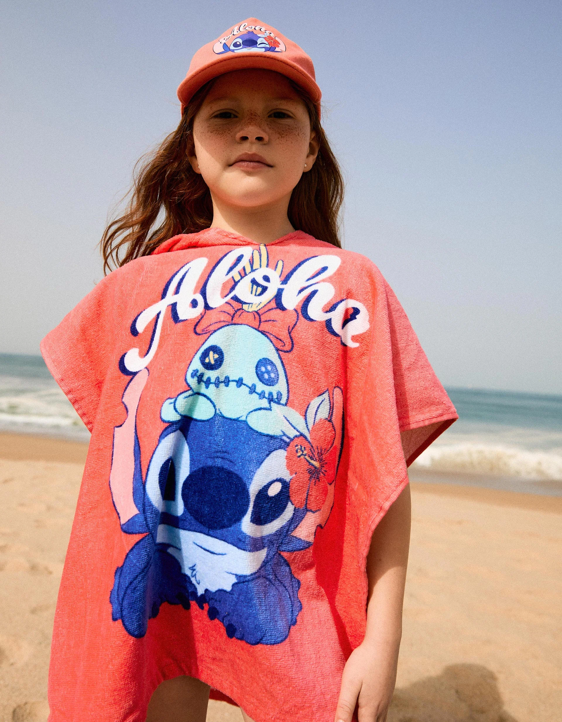 Hooded beach poncho in cotton with Stitch print for girls, pink