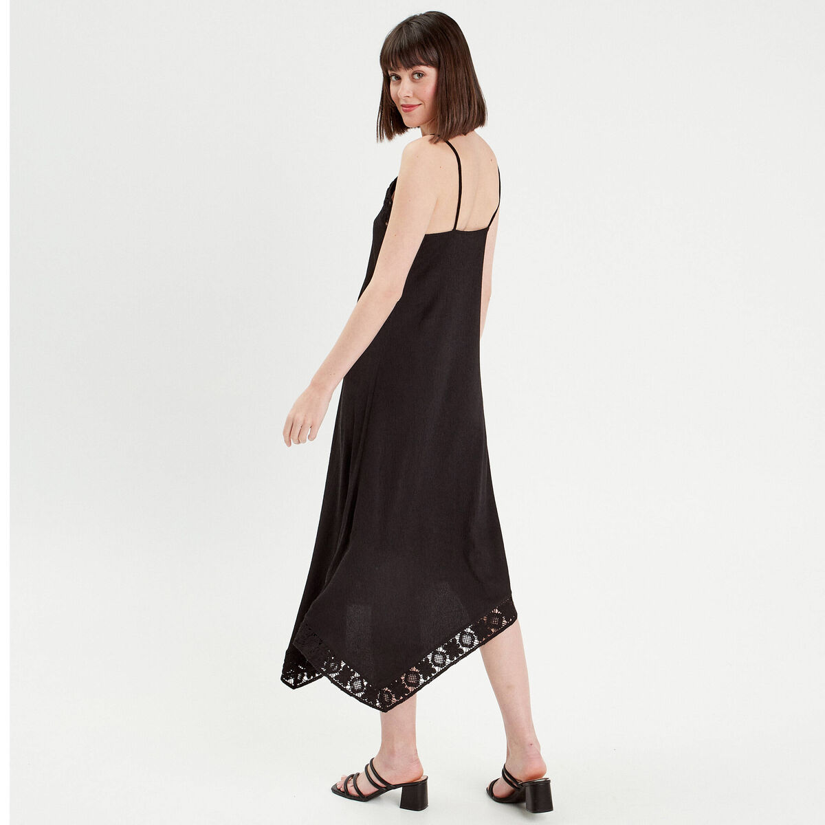 Robe longue évasée asymétrique noir femme
