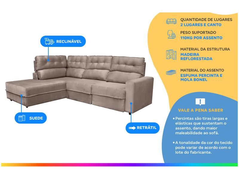 Sofá Canto + 2 lugares Retrátil Reclinável Veludo Phormatta Pacific