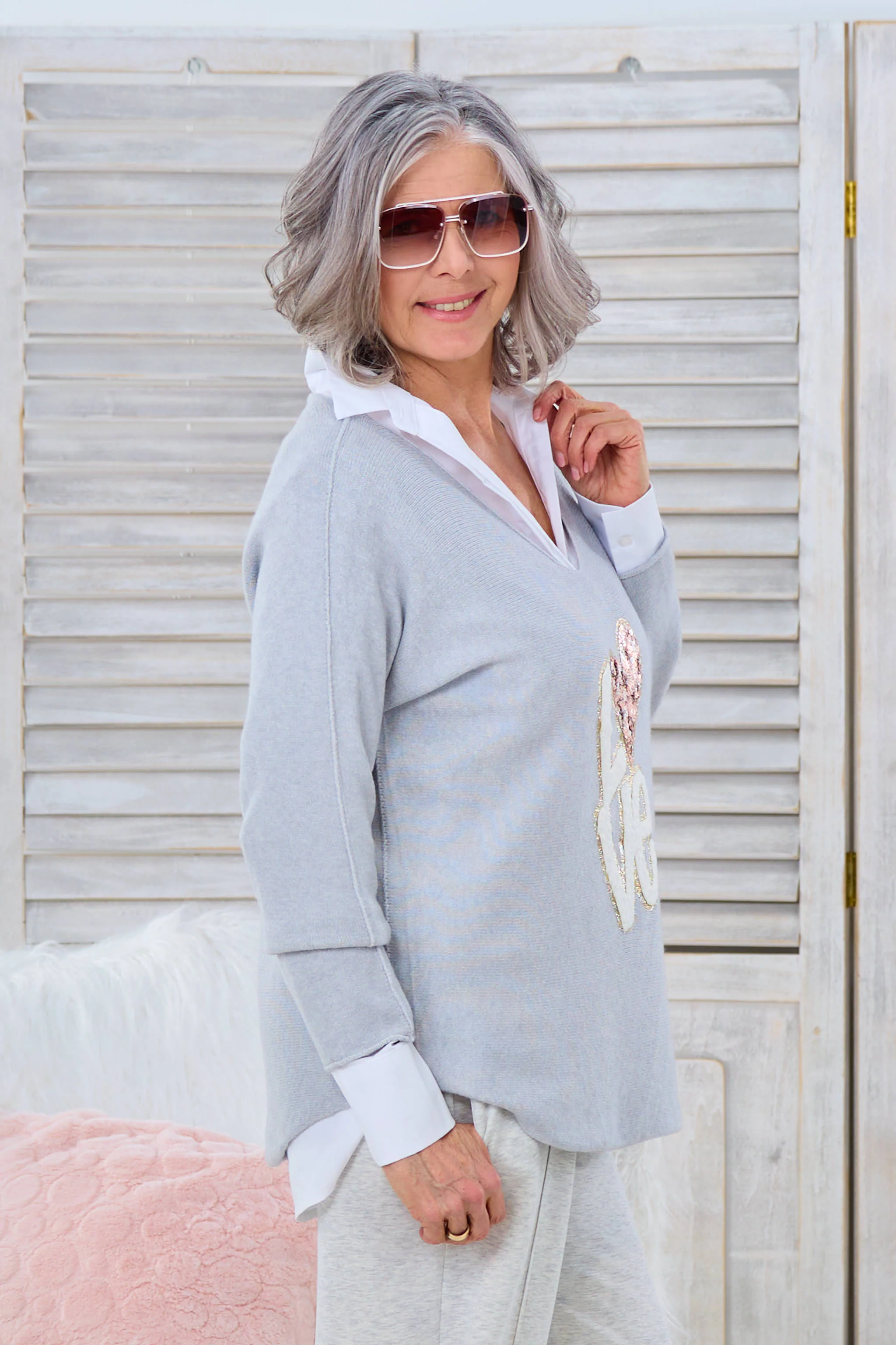 quergestrickter Pulli LOVE, grau