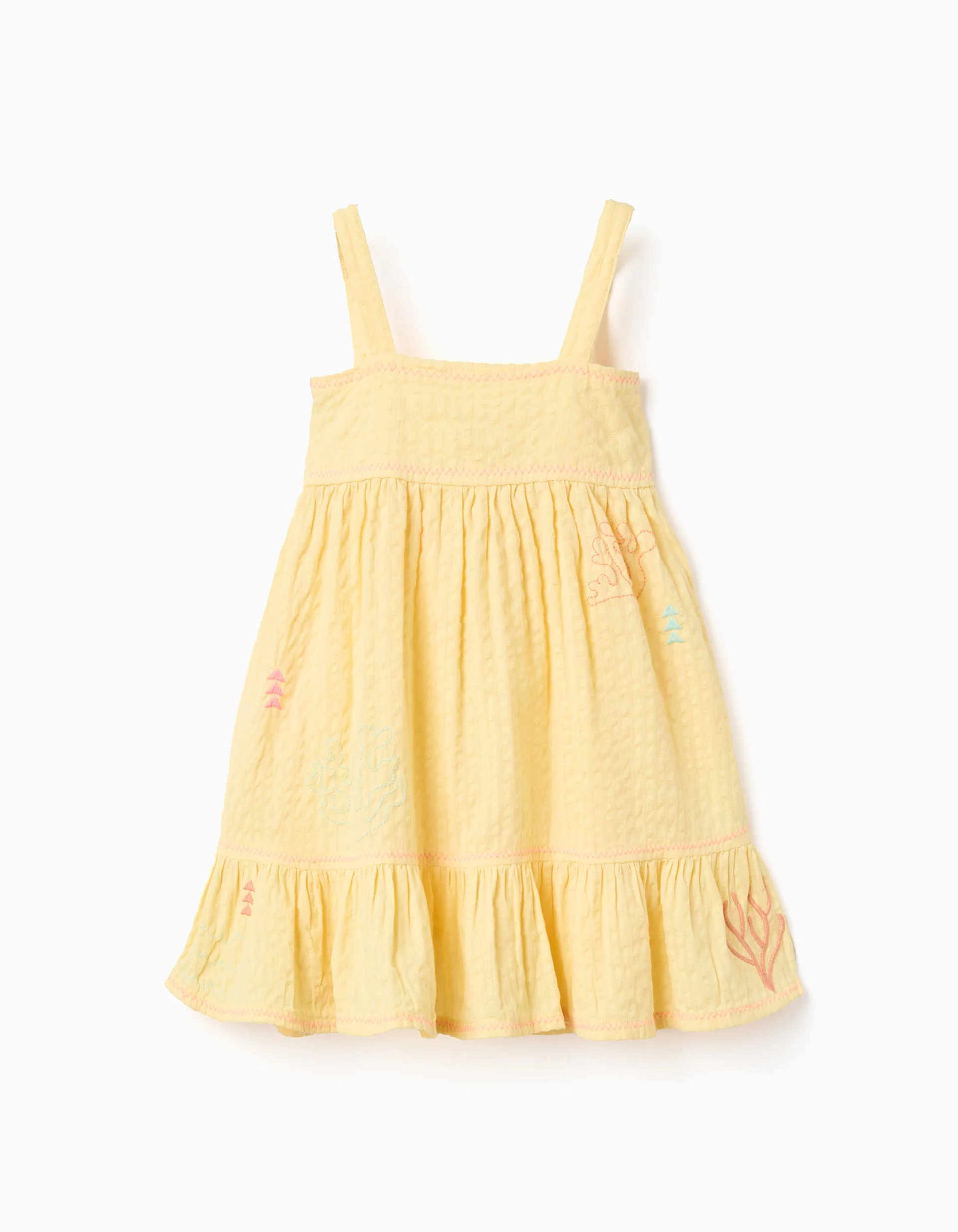 Sleeveless cotton dress with embroidered seaweed for baby girls, yellow
