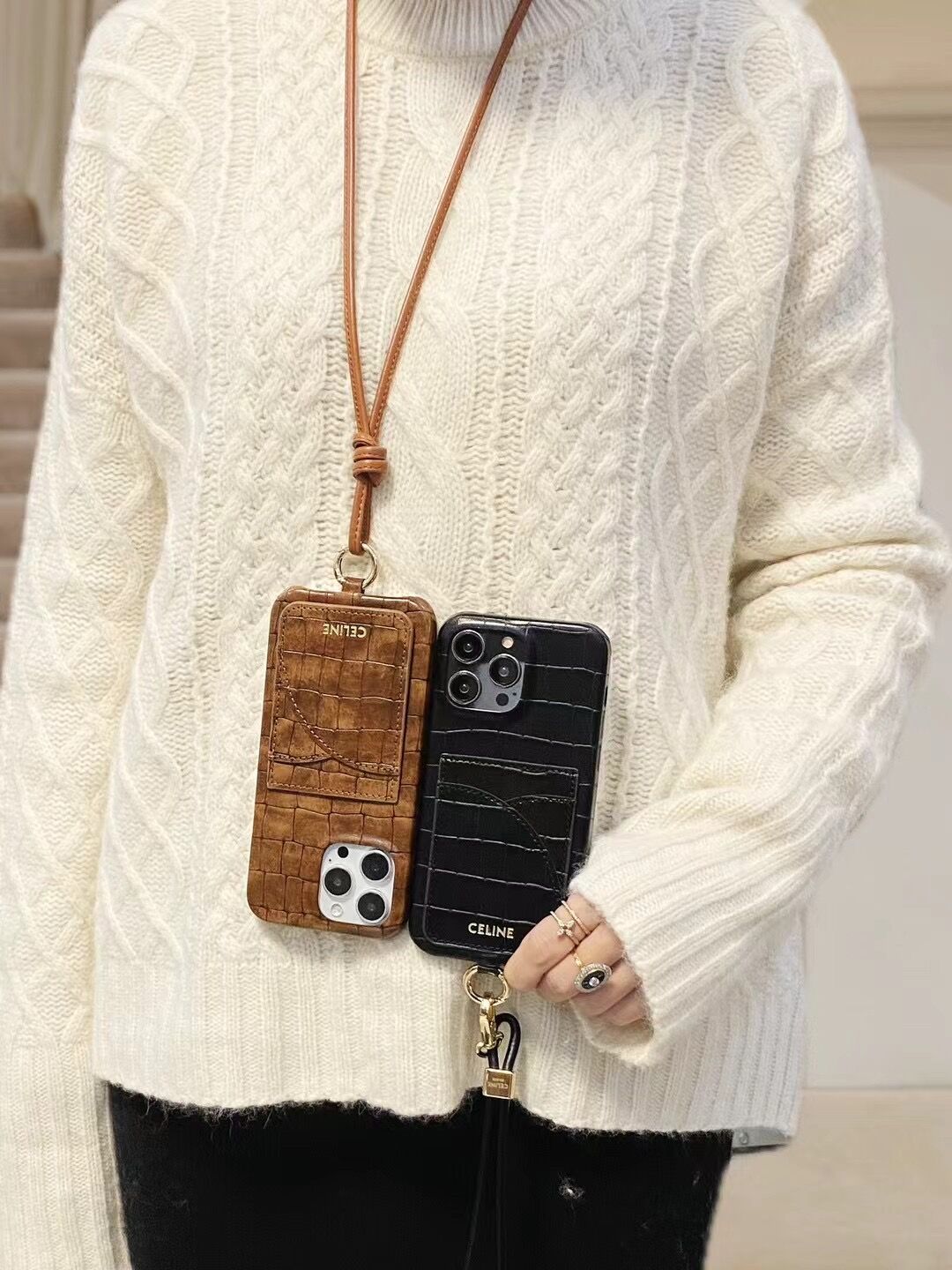 iphone16/15/15pro ケース セリーヌ celine スマホケース iphone14/13pro ケース ストラップ 付き ブランド iphone ケース 本 革 ハイブランド アイフォン12/11ケース