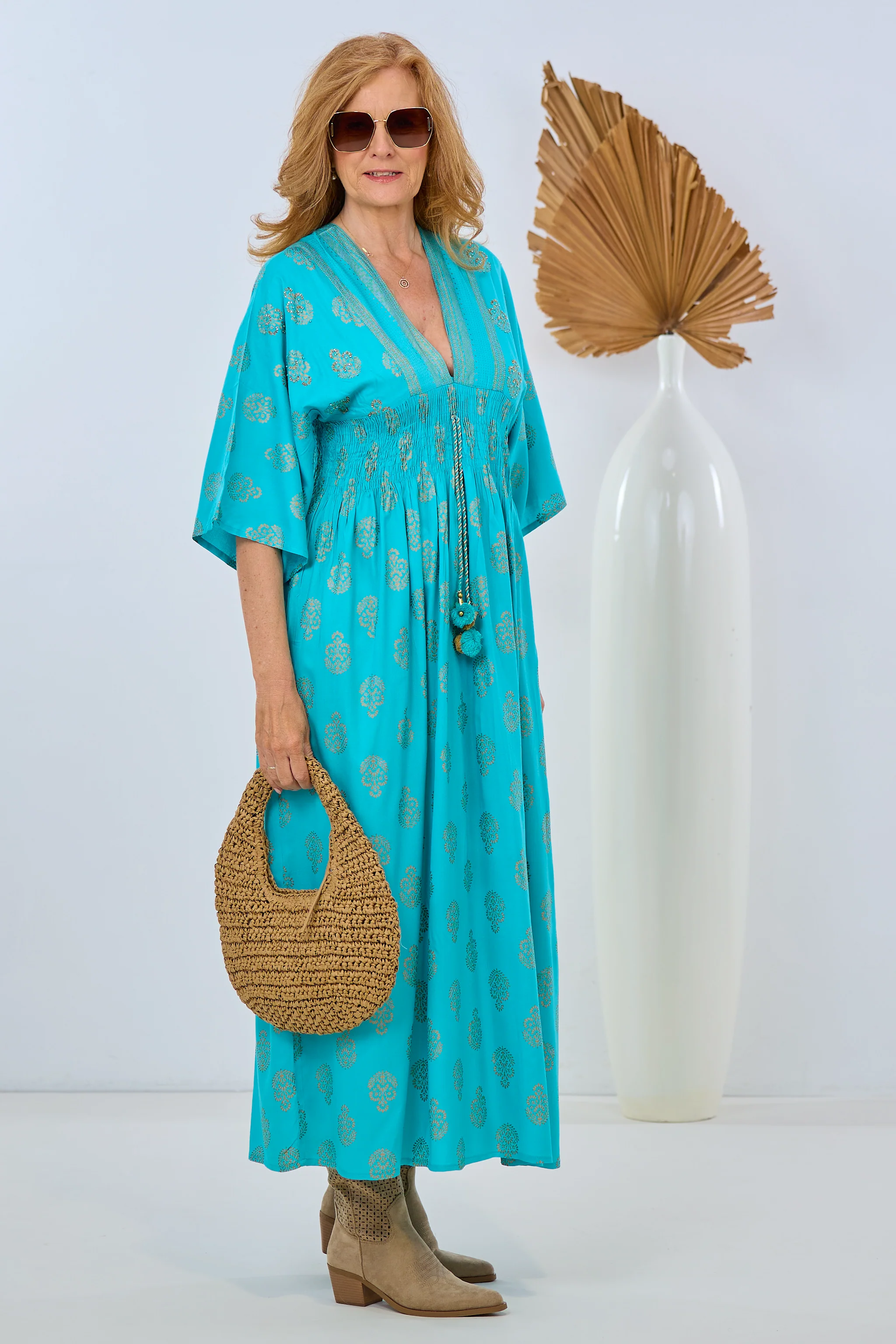 Langes Kleid im Boho-Style, türkis-gold