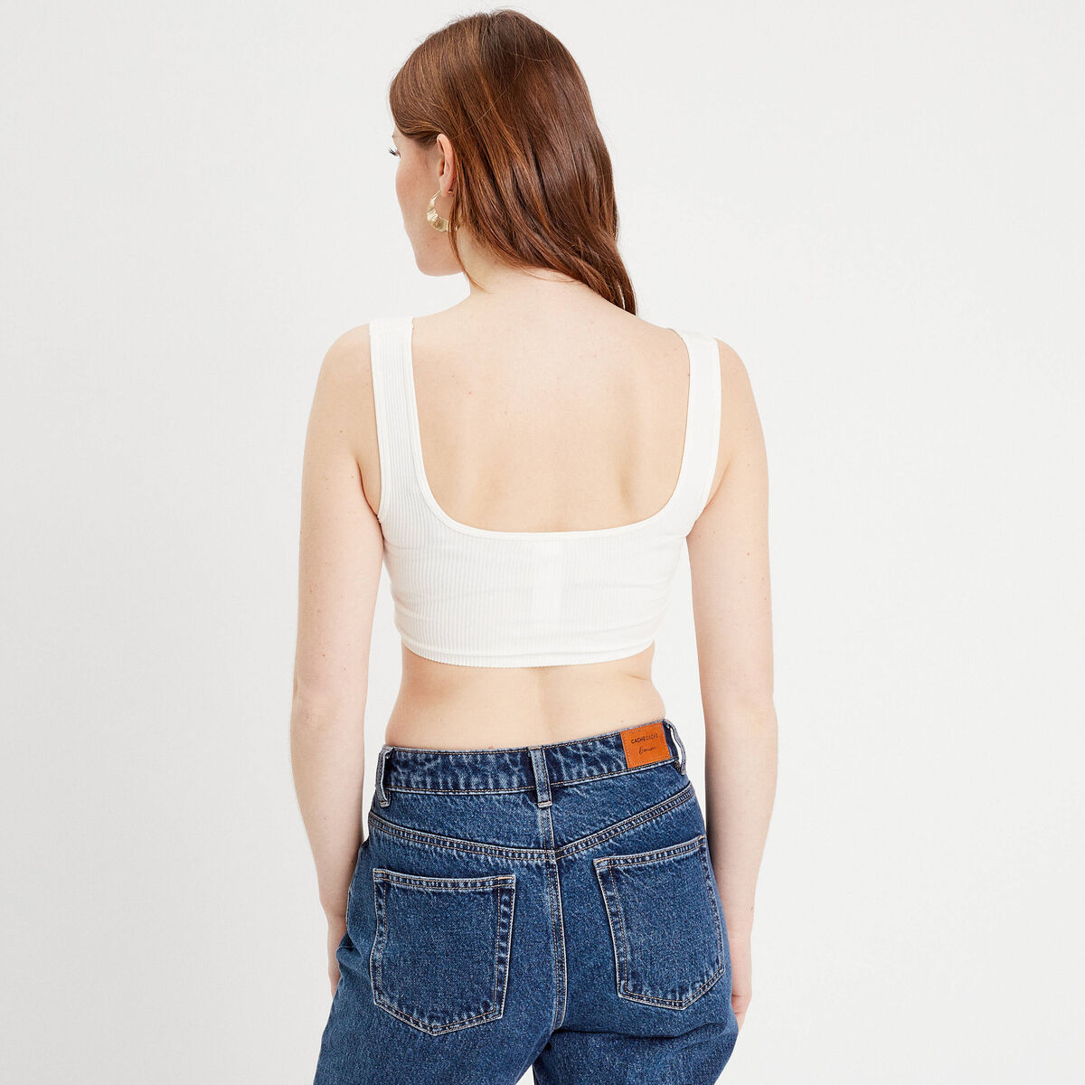 Débardeur cropped côtelé ecru femme