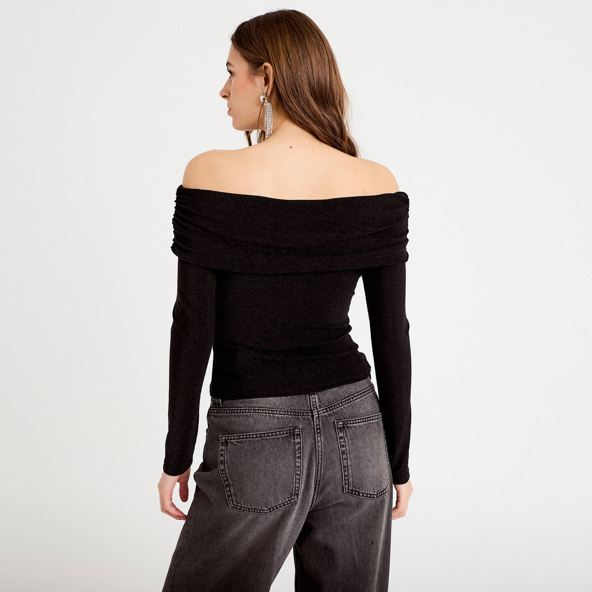 T-shirt col bardot brillant noir femme