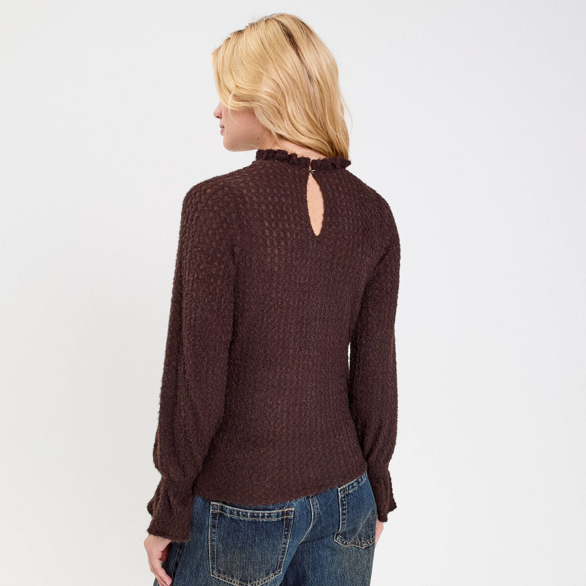 Blouse ajourée manches longues marron foncé femme